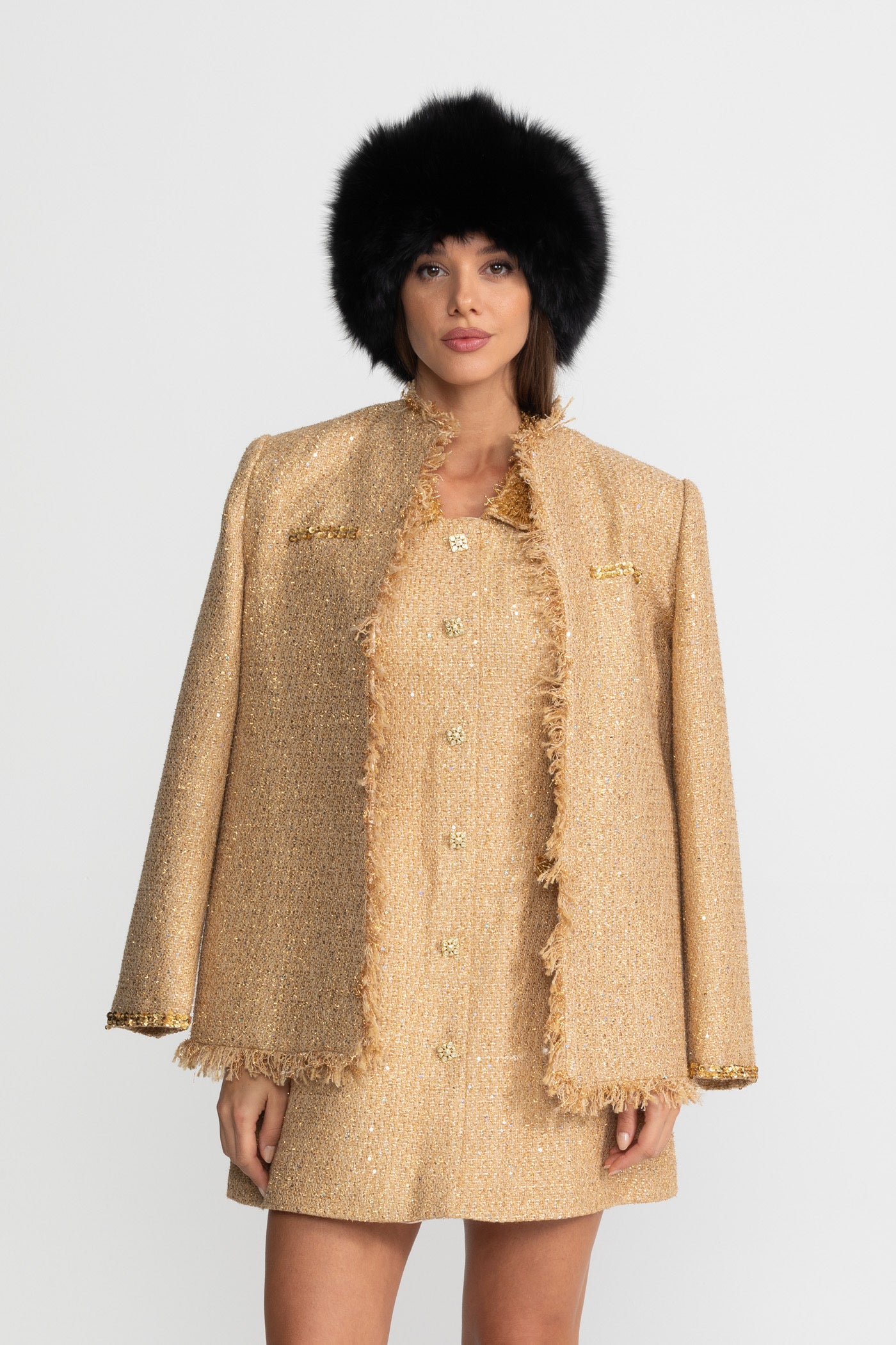 Alia Textured Tweed Overcoat With Intricate Sequin Embellishments And Fringe Trim Accents - Gold