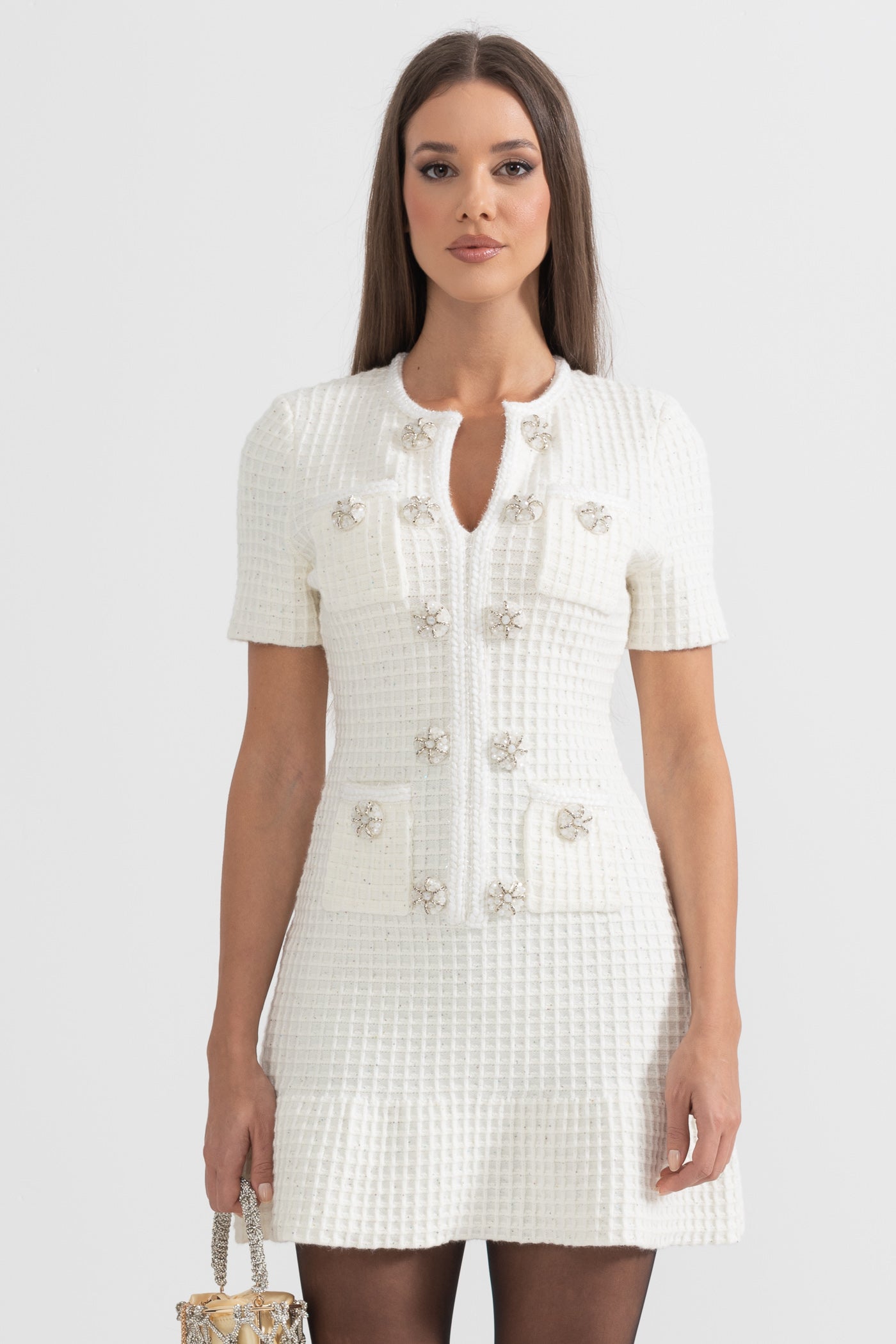 Short Sleeve Knee-Length Knitted Dress - White