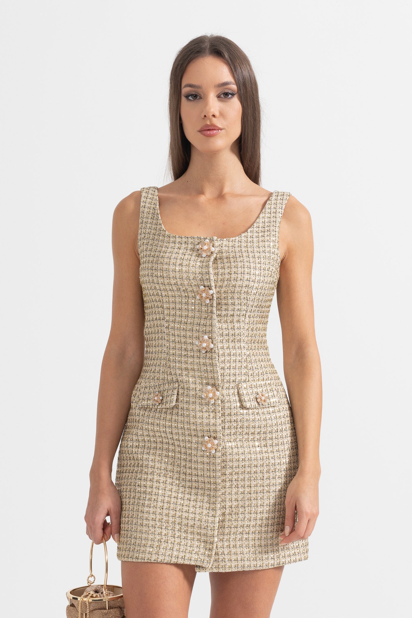 Patterned Mini Dress With Gold Decorative Buttons - Gold