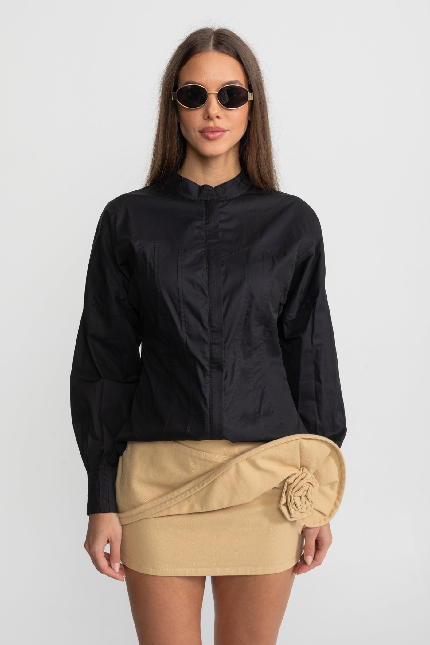 Mini Skirt with Draped Rose Appliqué - Beige