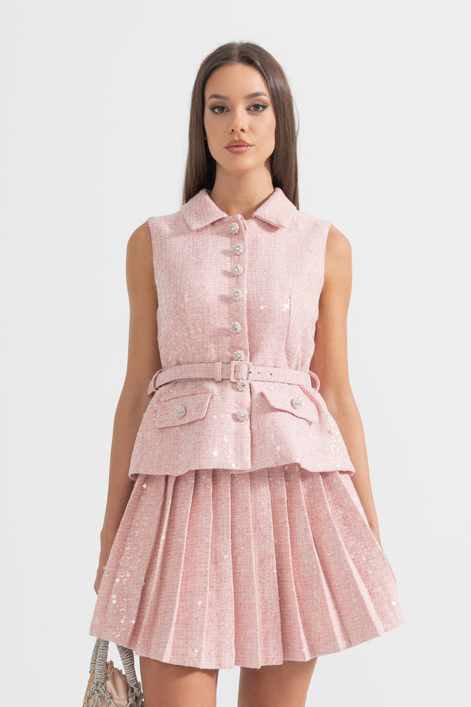 Sleeveless Textured Mini Dress With Pleated Skirt And Waistbelt - Pink