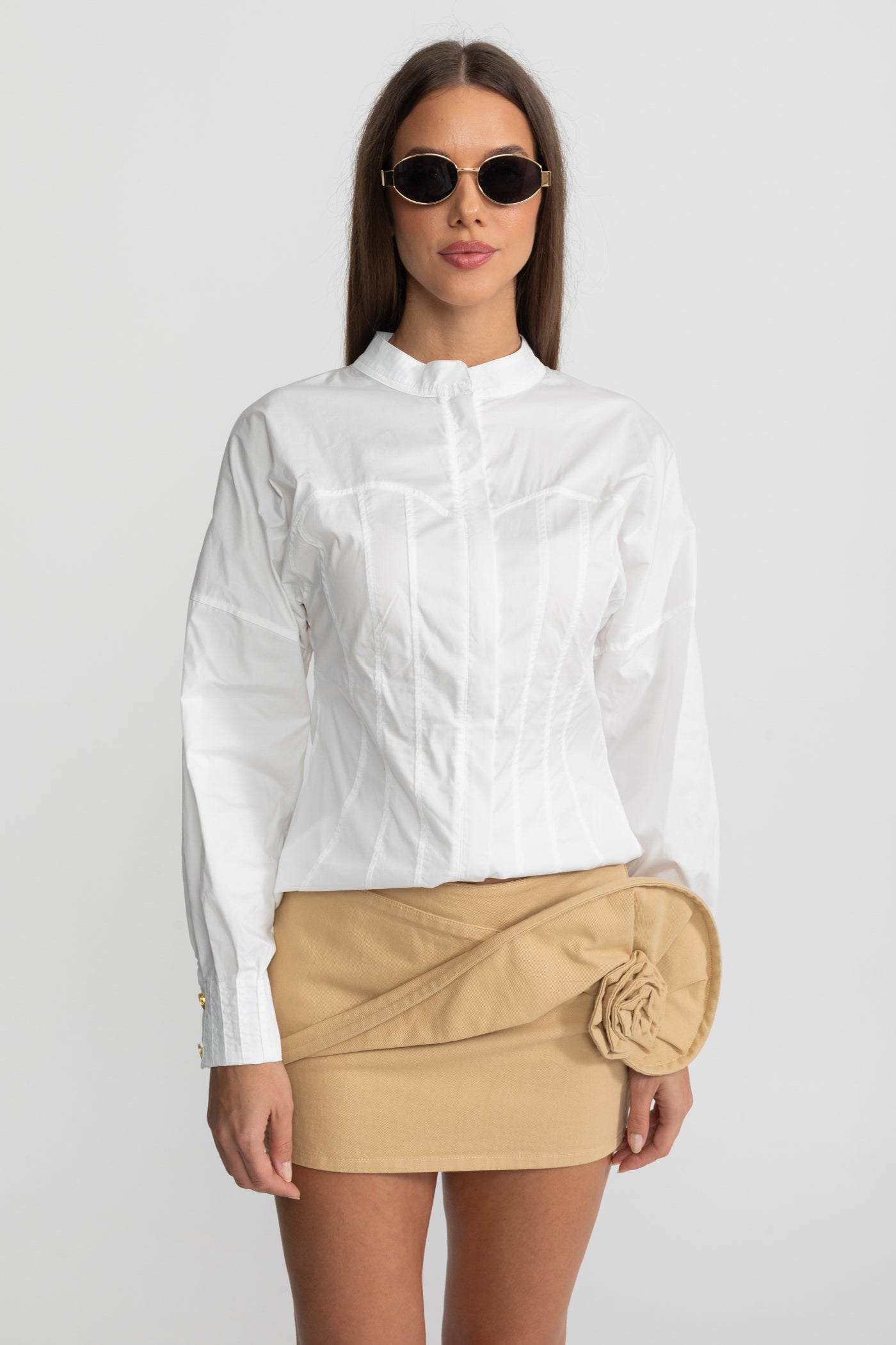 Mini Skirt with Draped Rose Appliqué - Beige
