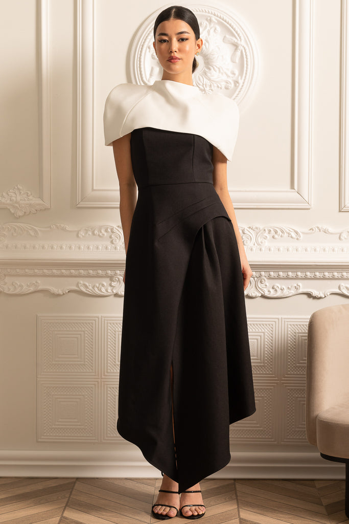 Elegant Asymmetrical Dress With Contrasting White Detachable Capelet - Black