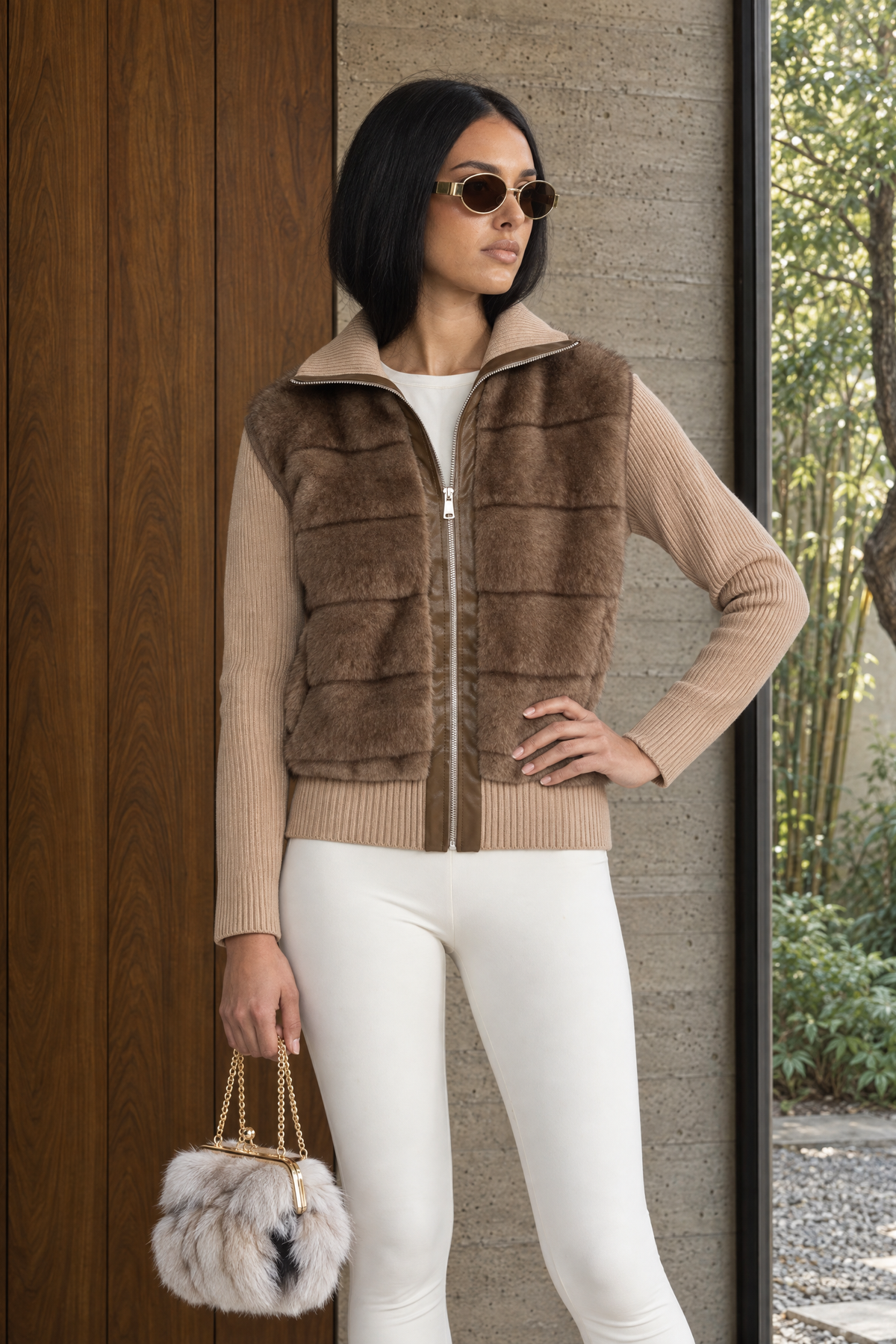 Plush Panel Knit Sleeve Zip Jacket - Mocha