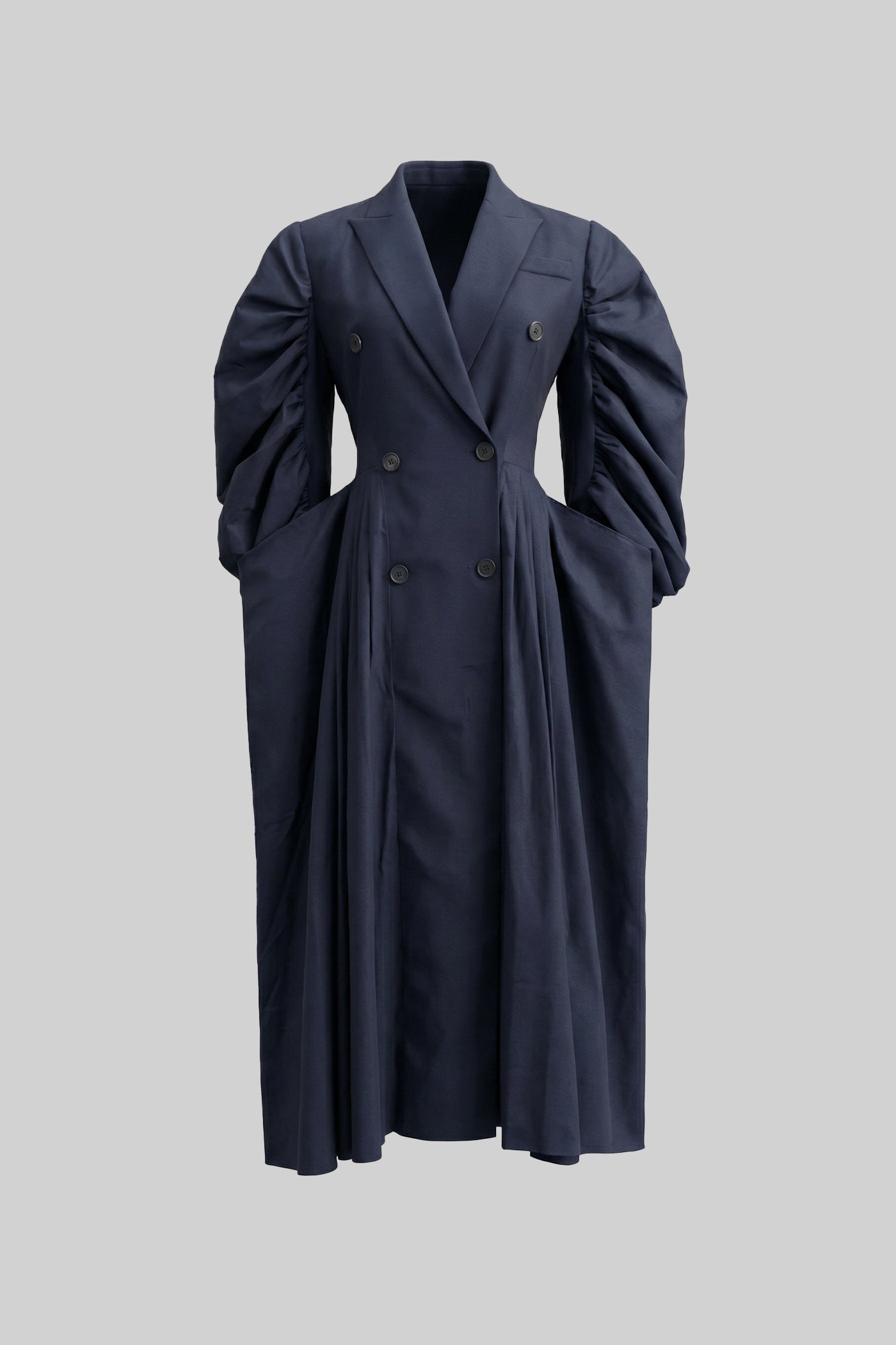 Double-Breasted Midi Dress With Voluminous Gathered Sleeves - Navy