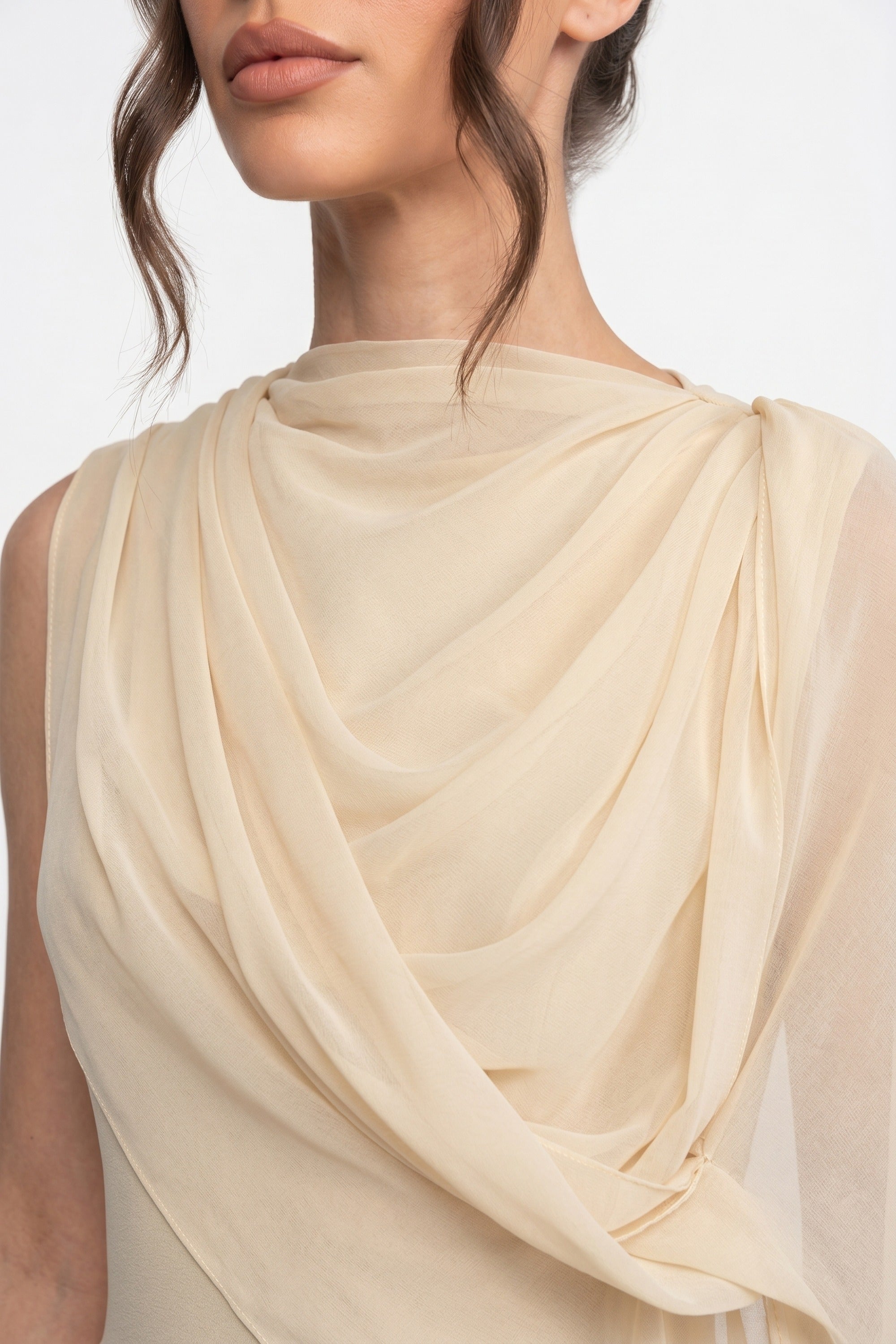 One-Shoulder Draped Maxi Dress With Sheer Scarf Detail - Yellow