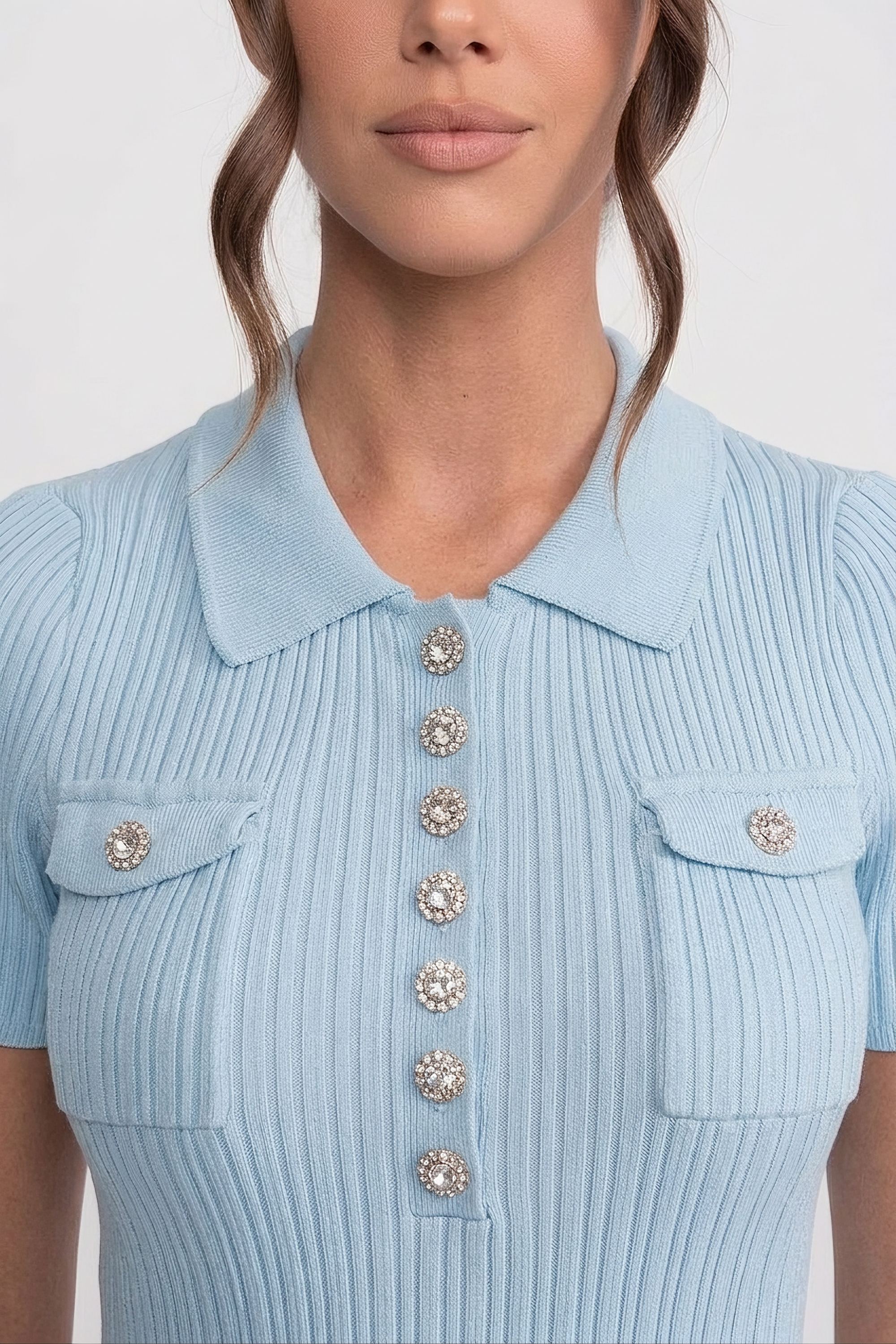 Ribbed Knit Button-Front Mini Dress - Baby Blue