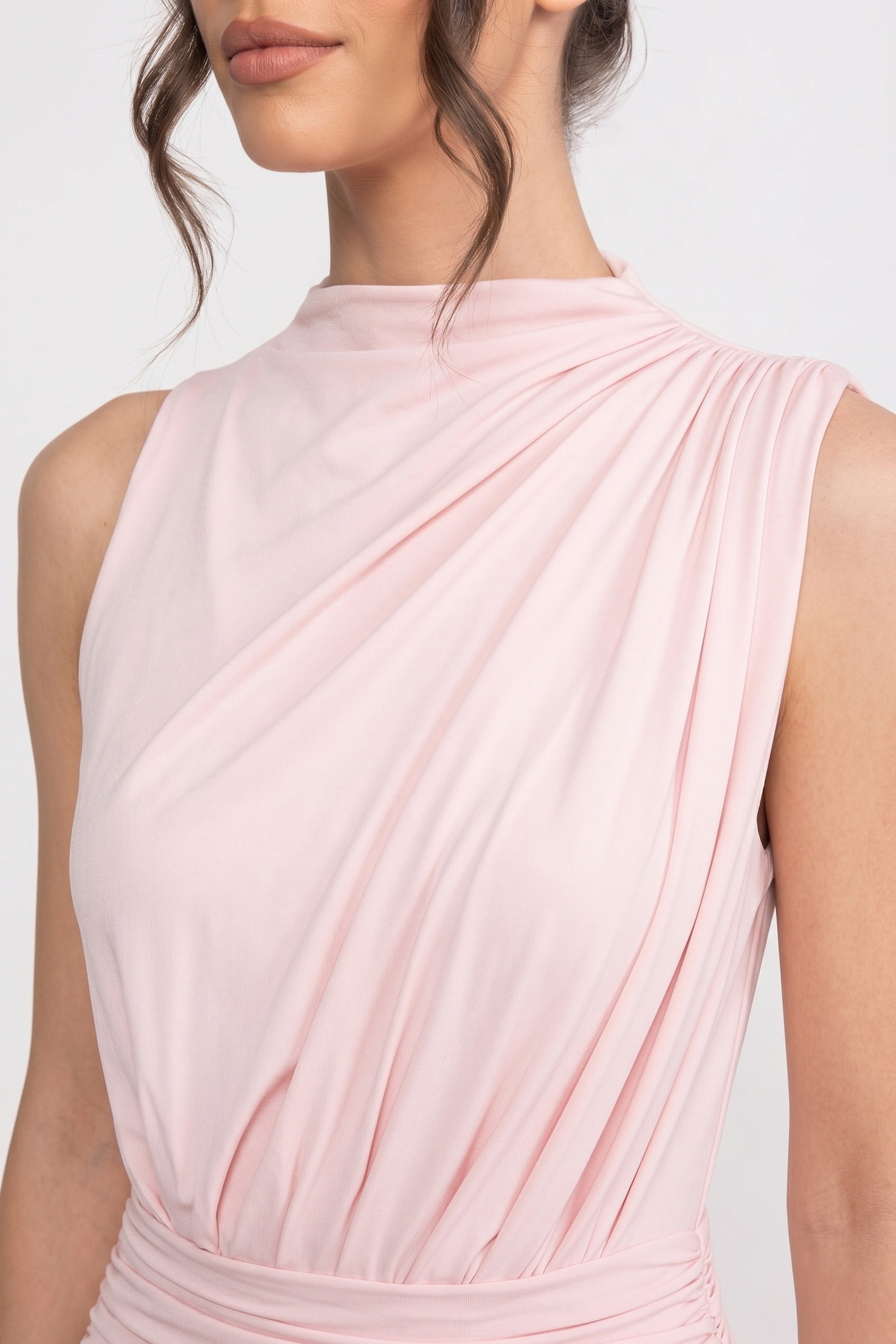 Halter Neck Pleated Maxi Dress With Gathered Waist Detail - Pink
