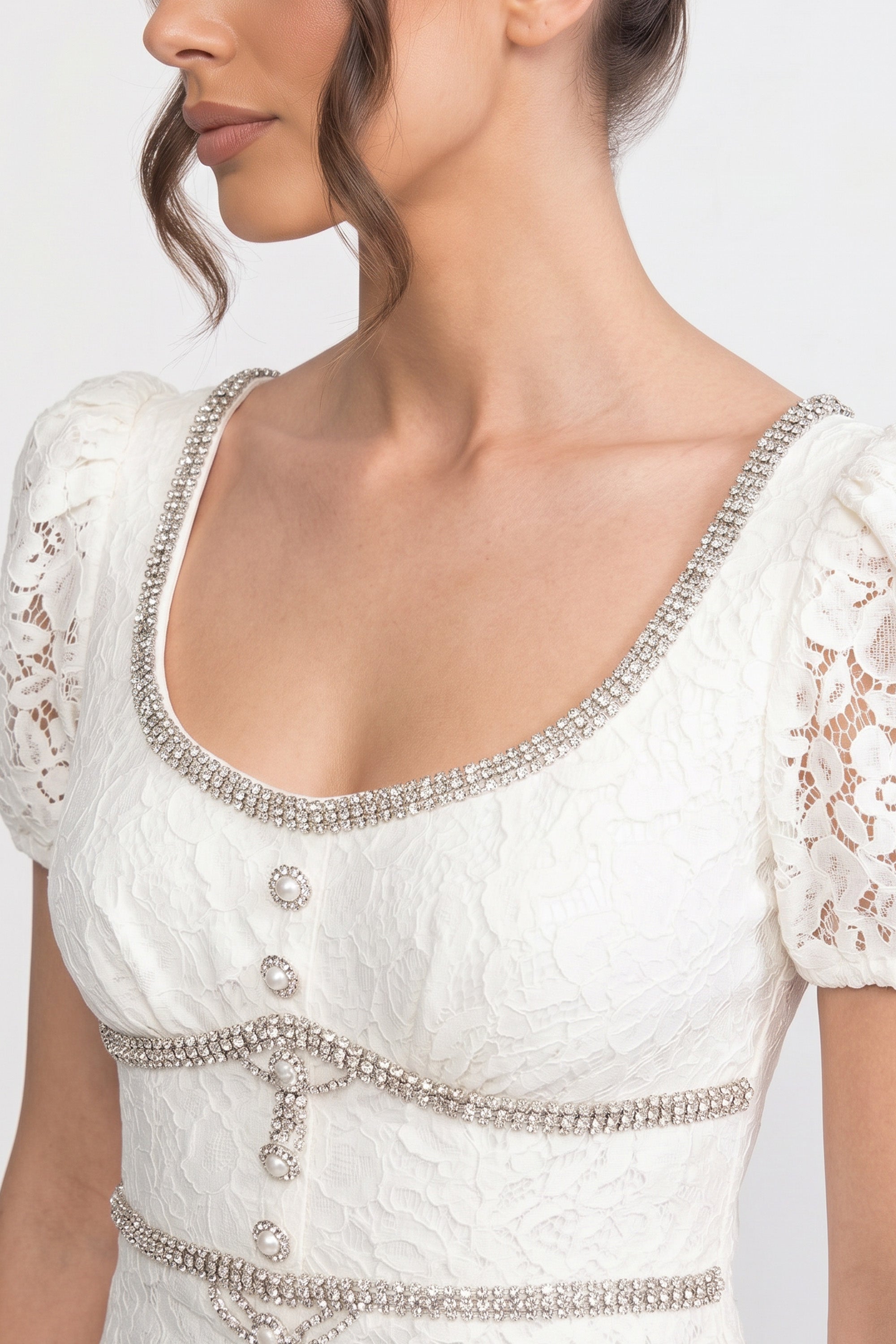 Short Sleeved Lace Dress With Short Puff Sleeves And Scoop Neckline - Ivoire