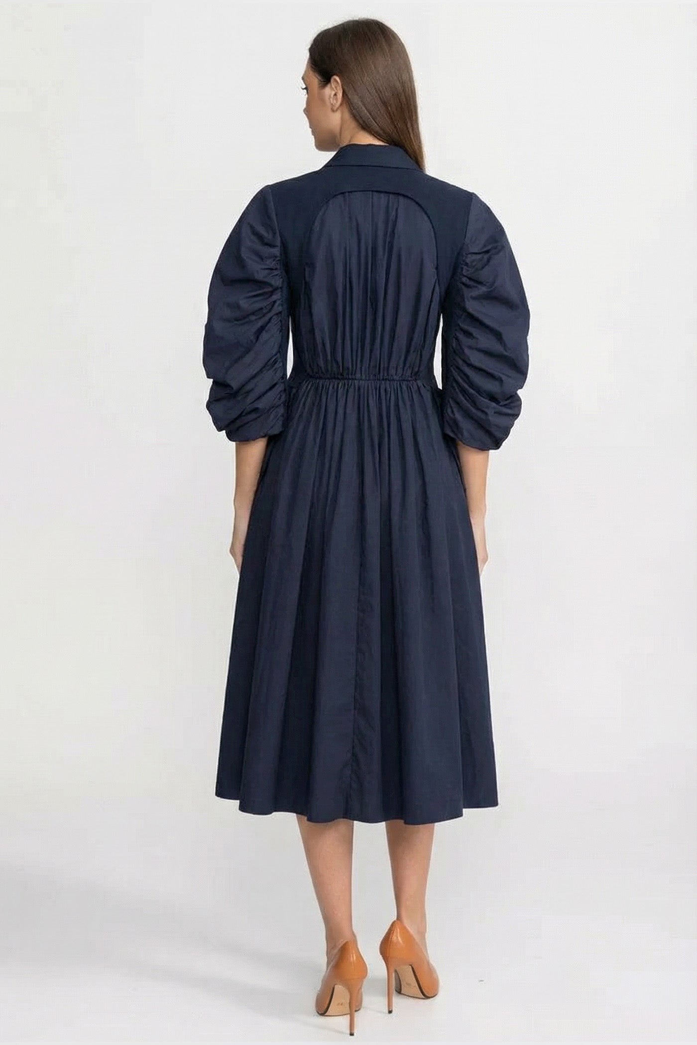 Double-Breasted Midi Dress With Voluminous Gathered Sleeves - Navy