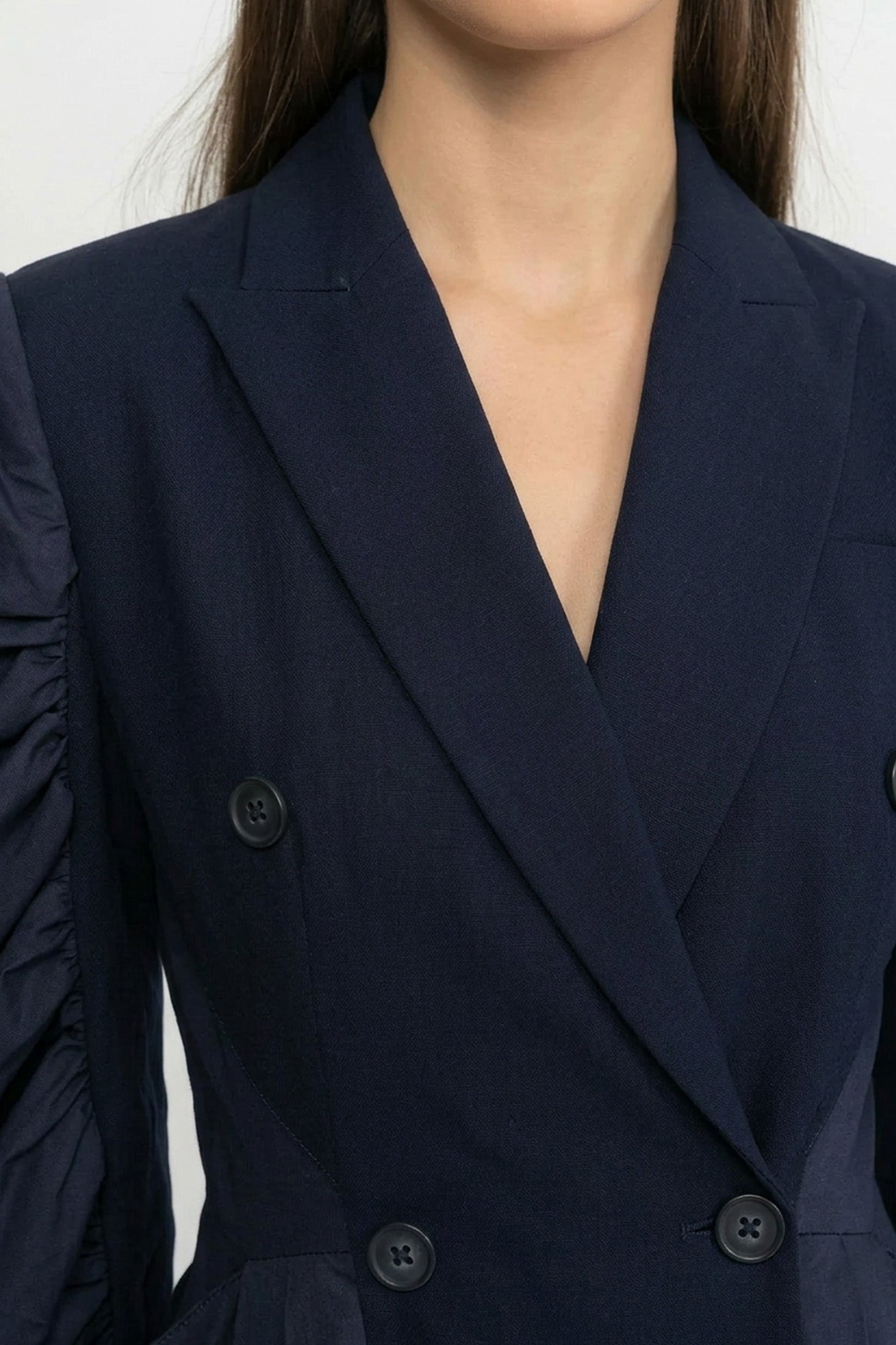 Double-Breasted Midi Dress With Voluminous Gathered Sleeves - Navy