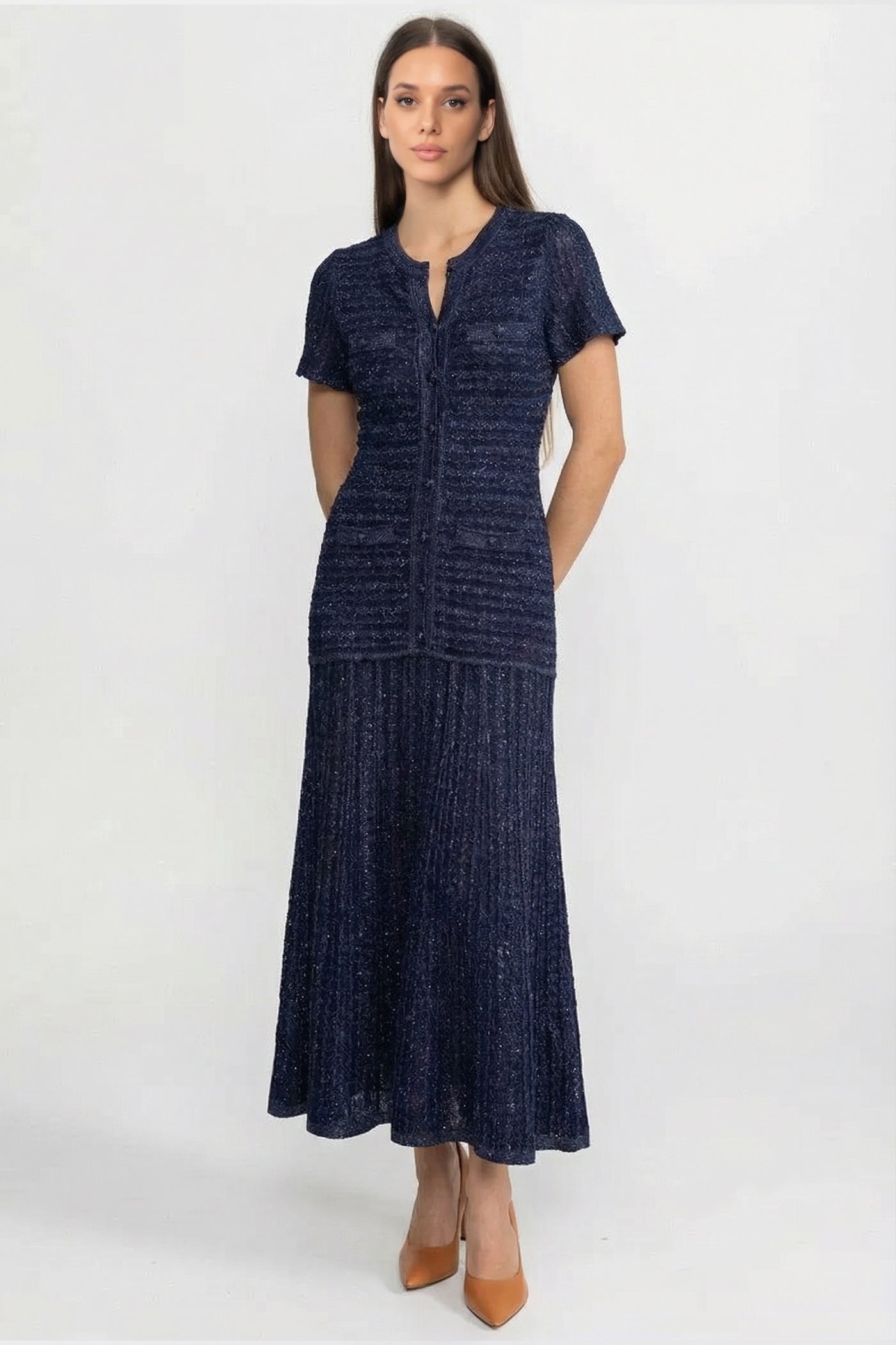 Short Sleeve Midi Dress With Shimmer Knit Texture - Navy