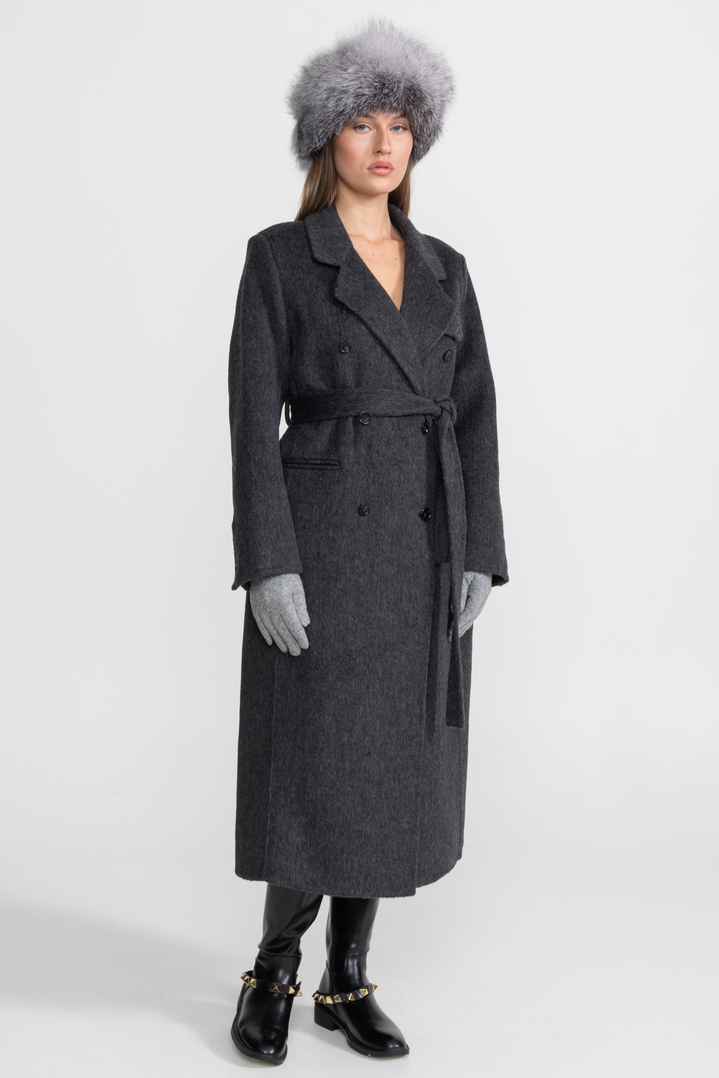 Double-Breasted Wool Coat With Waist Belt – Charcoal Grey