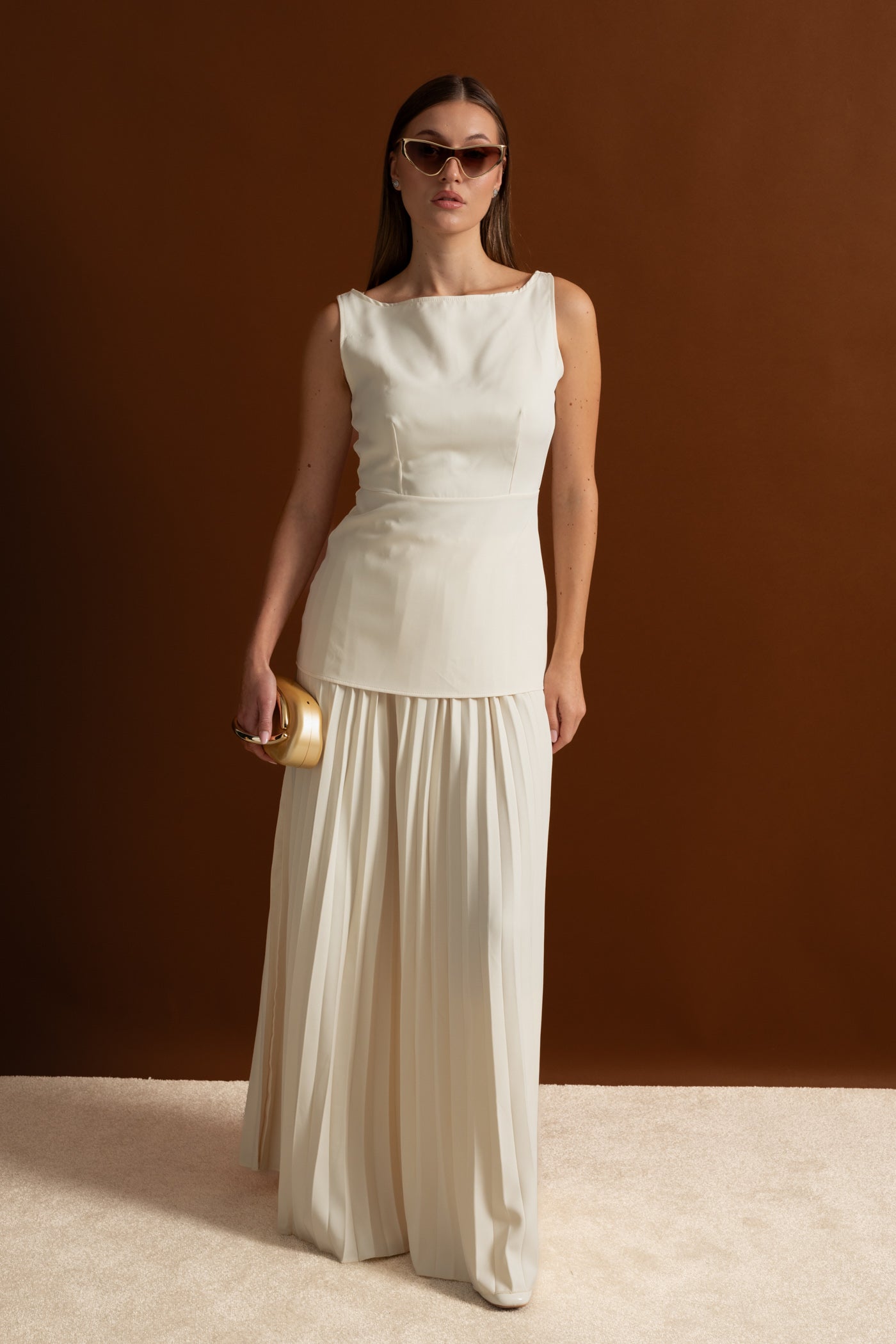 Sleeveless Maxi Co-Ord With Tailored Bodice And Pleated Skirt - Ivoire