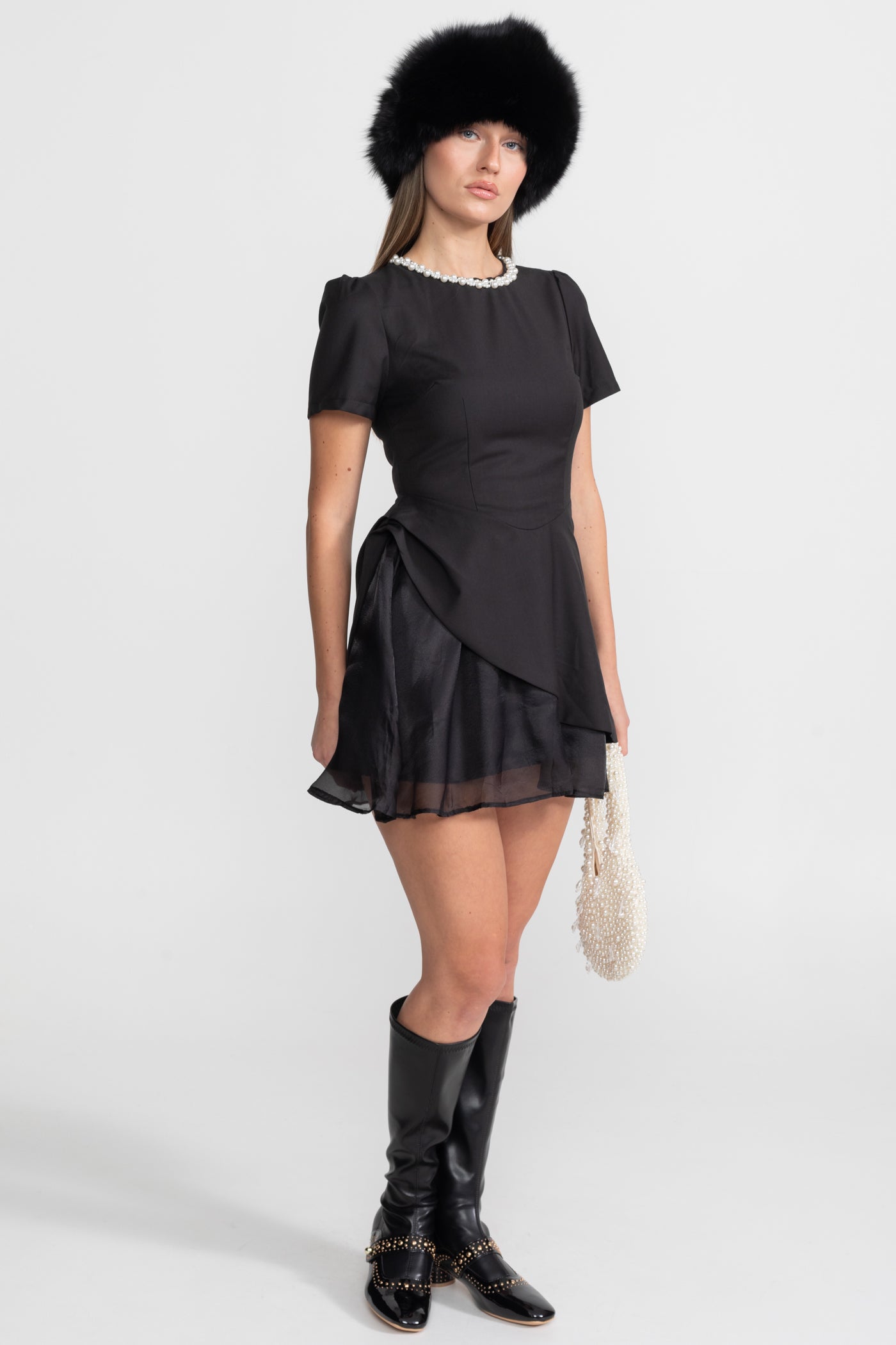 Pearl-Trim Satin Mini Dress - Black