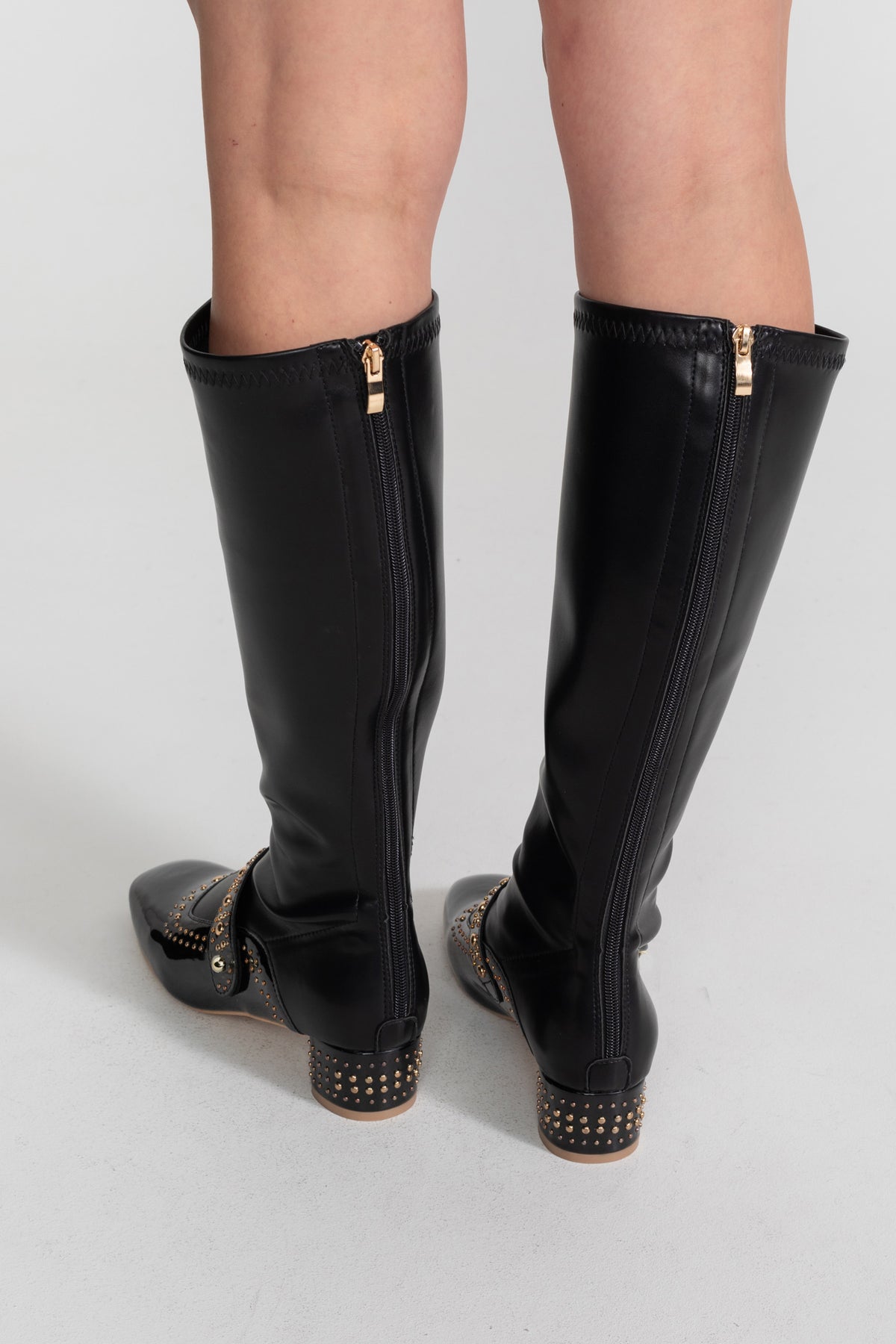 Studded Knee-High Boots With Strap Detail – Black