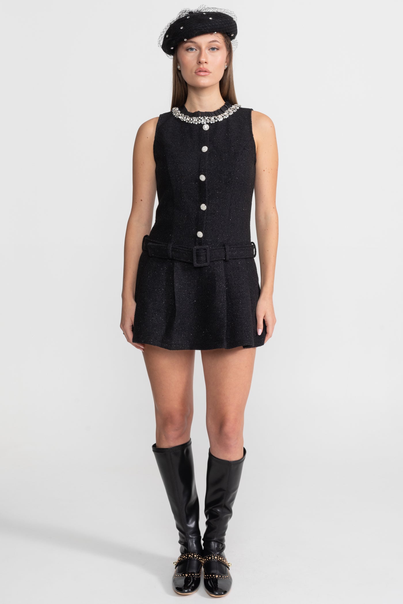 Crystal-Embellished Tweed Mini Dress With Belt – Black