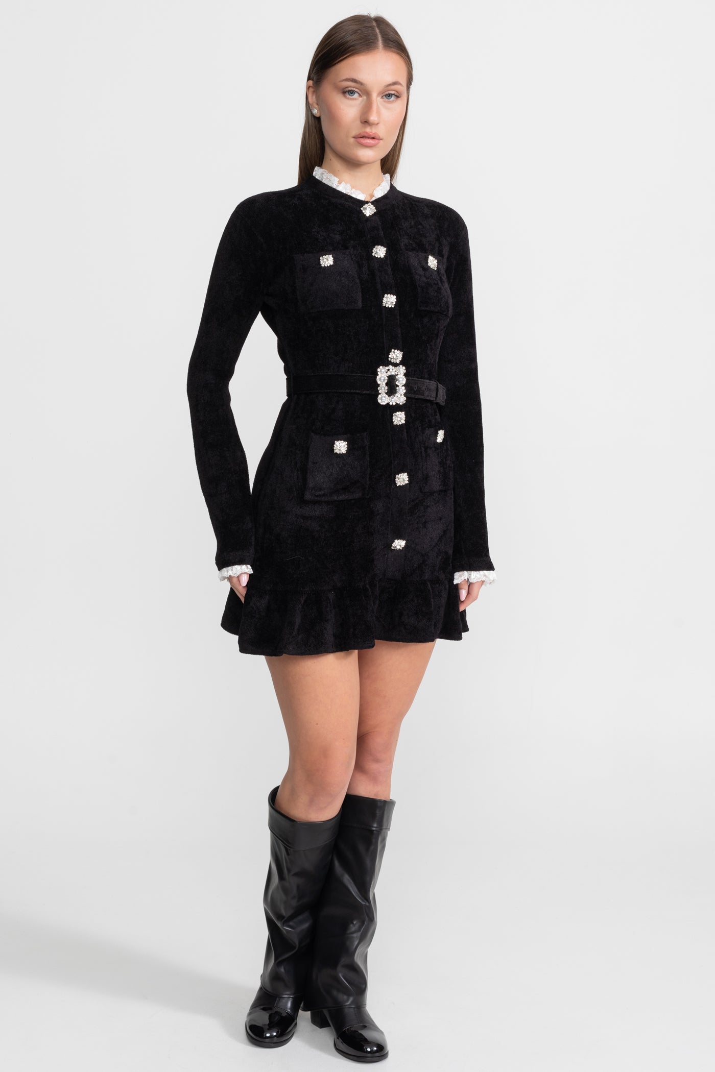 Velvet Crystal-Button Mini Dress With Matching Belt – Black