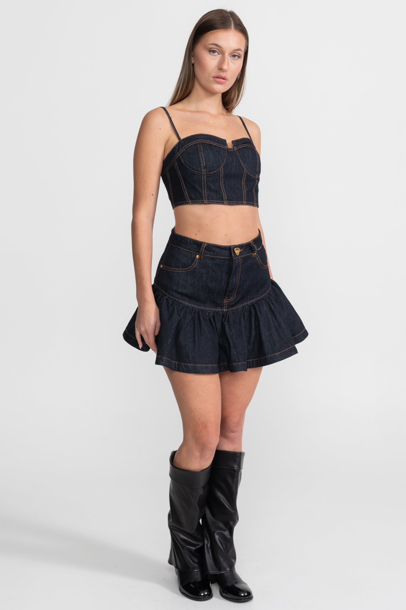 Denim Bustier Co-ord Set With Contrasting Stitching – Indigo