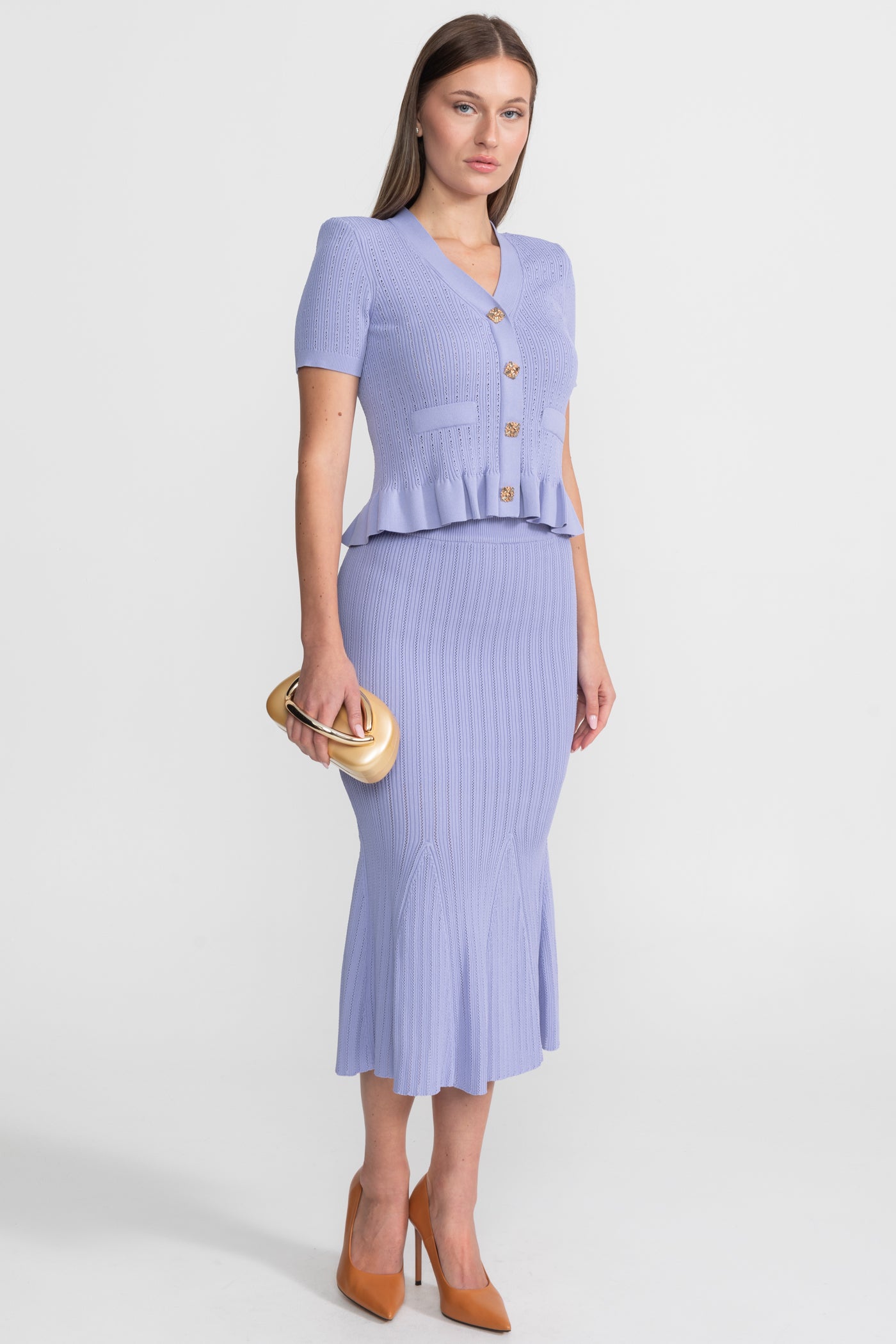 Knit Midi Dress with Peplum Waist and Gold Buttons  – Lilac