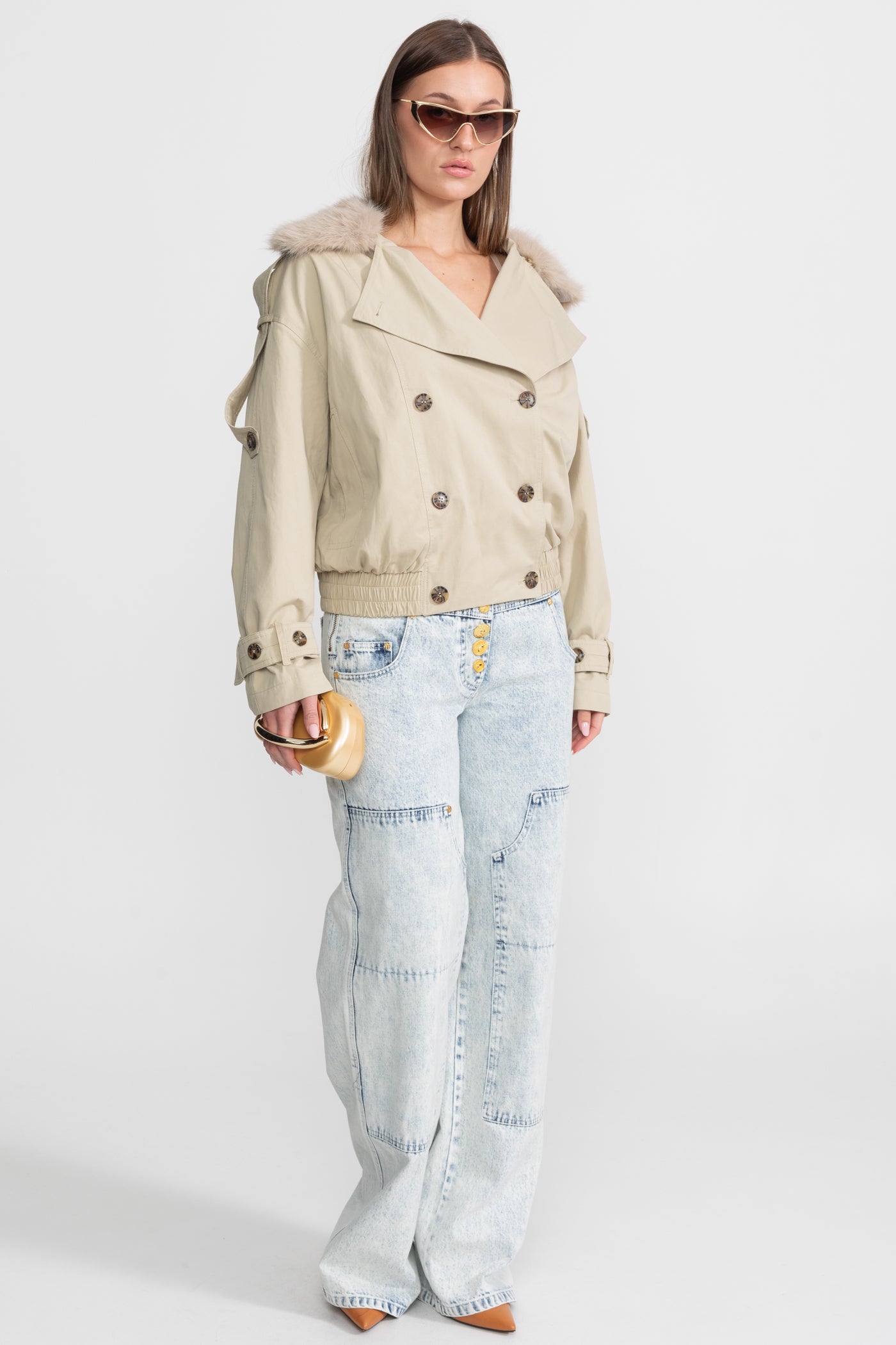 Cropped Trench Jacket with Fur Collar – Beige