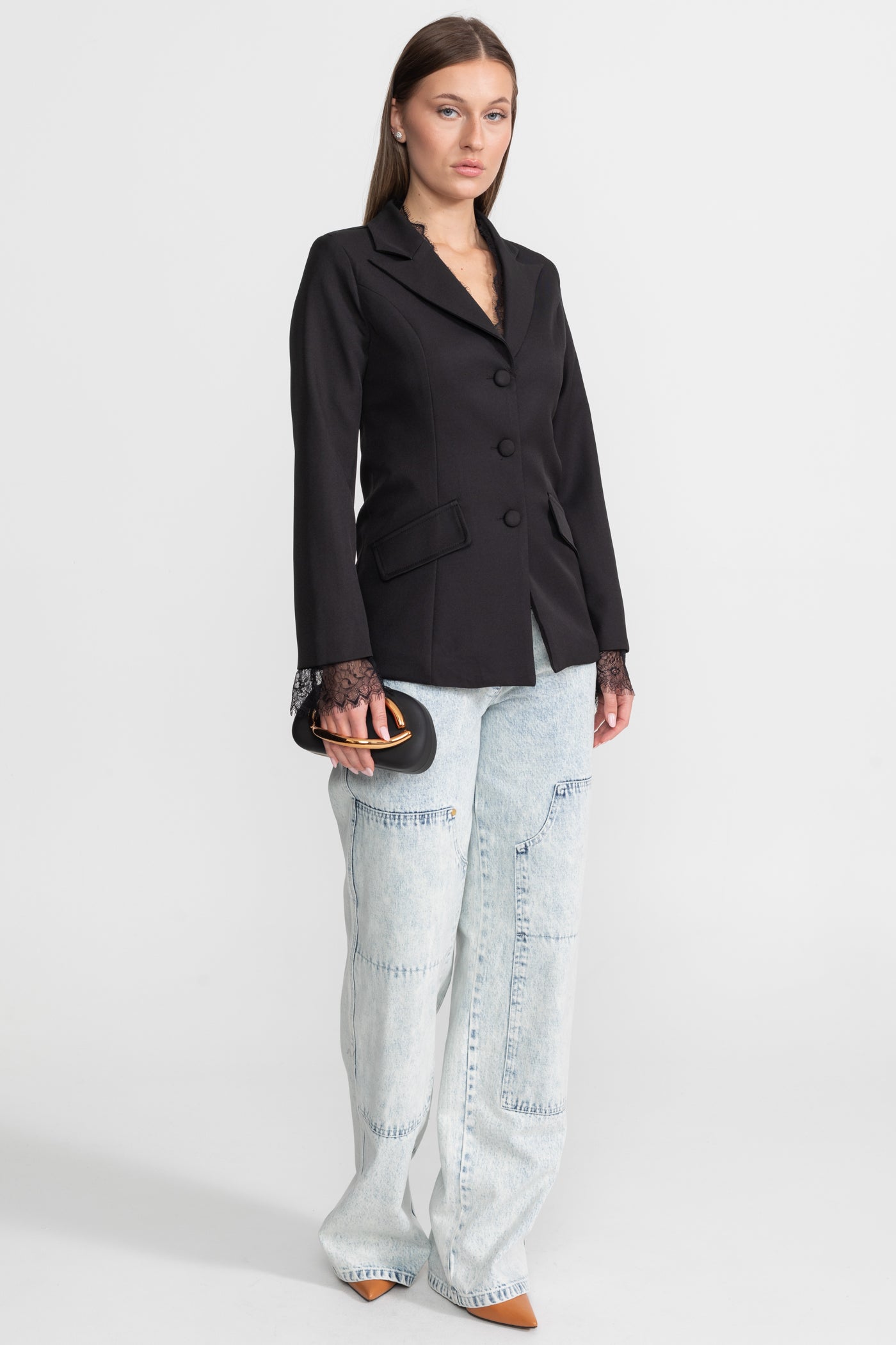 Tailored Lace-Trim Blazer With Tonal Button Closure – Black