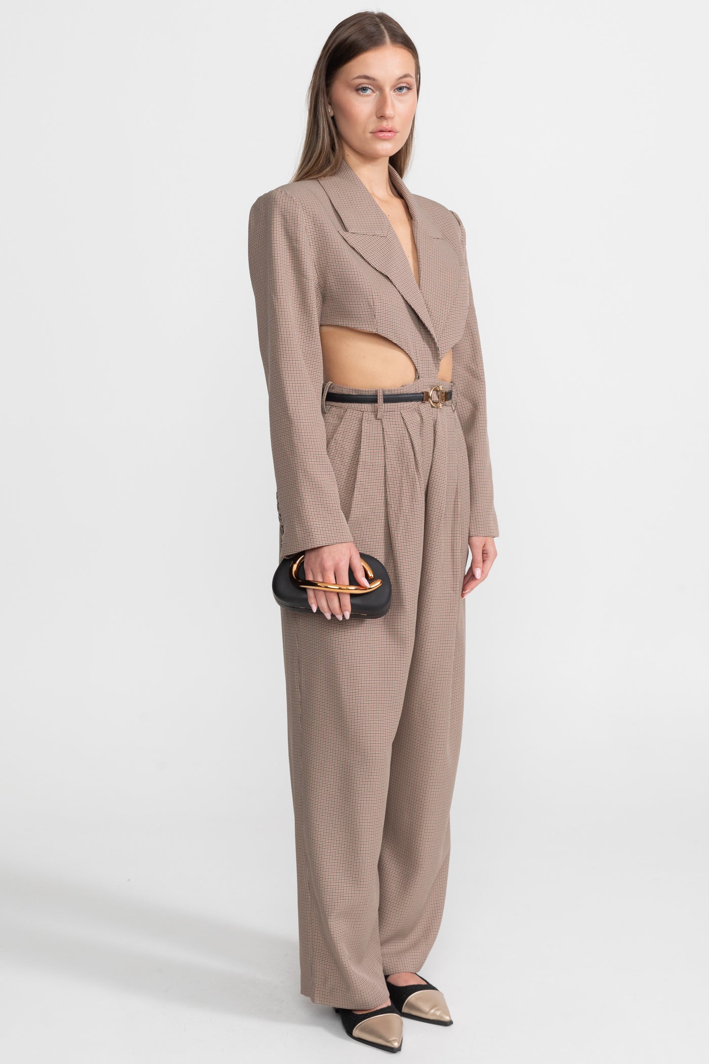 Cut-Out Suit Set With Slim Black Waistbelt – Taupe Check