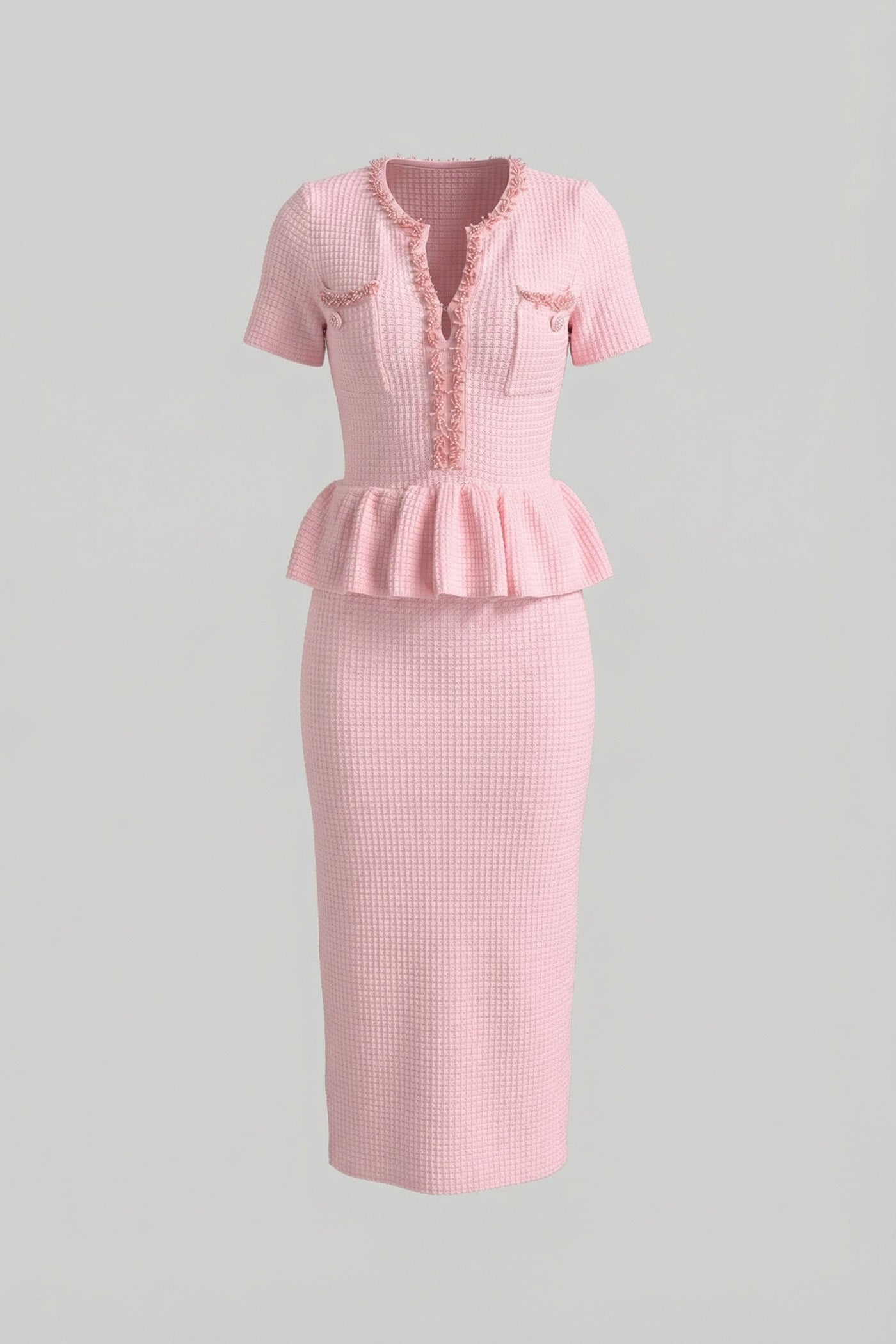 Textured Knit Midi Dress with Peplum Waist Detail – Baby Pink