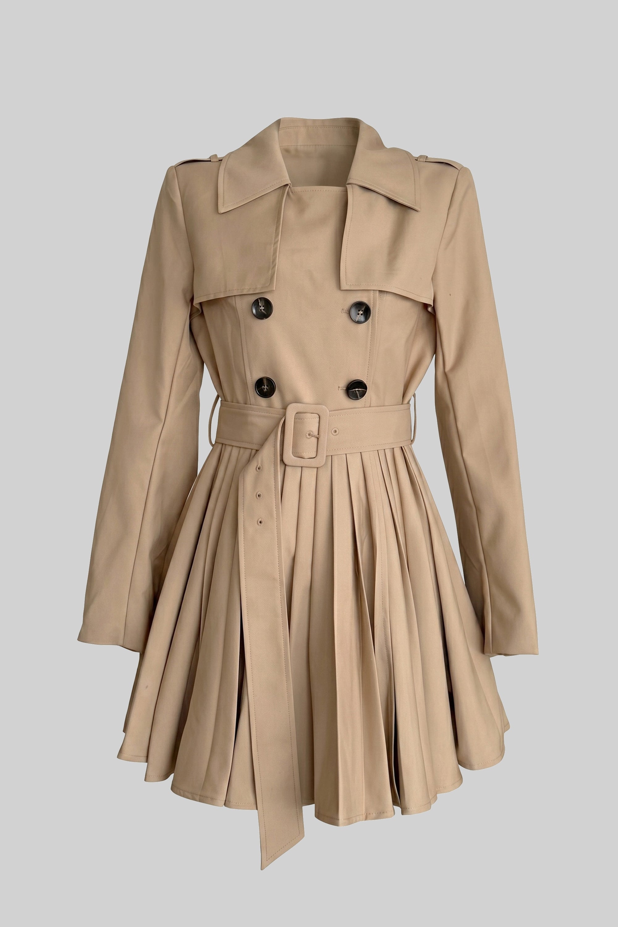 Double-Breasted Belted Trench Coat With Pleated Skirt - Khaki