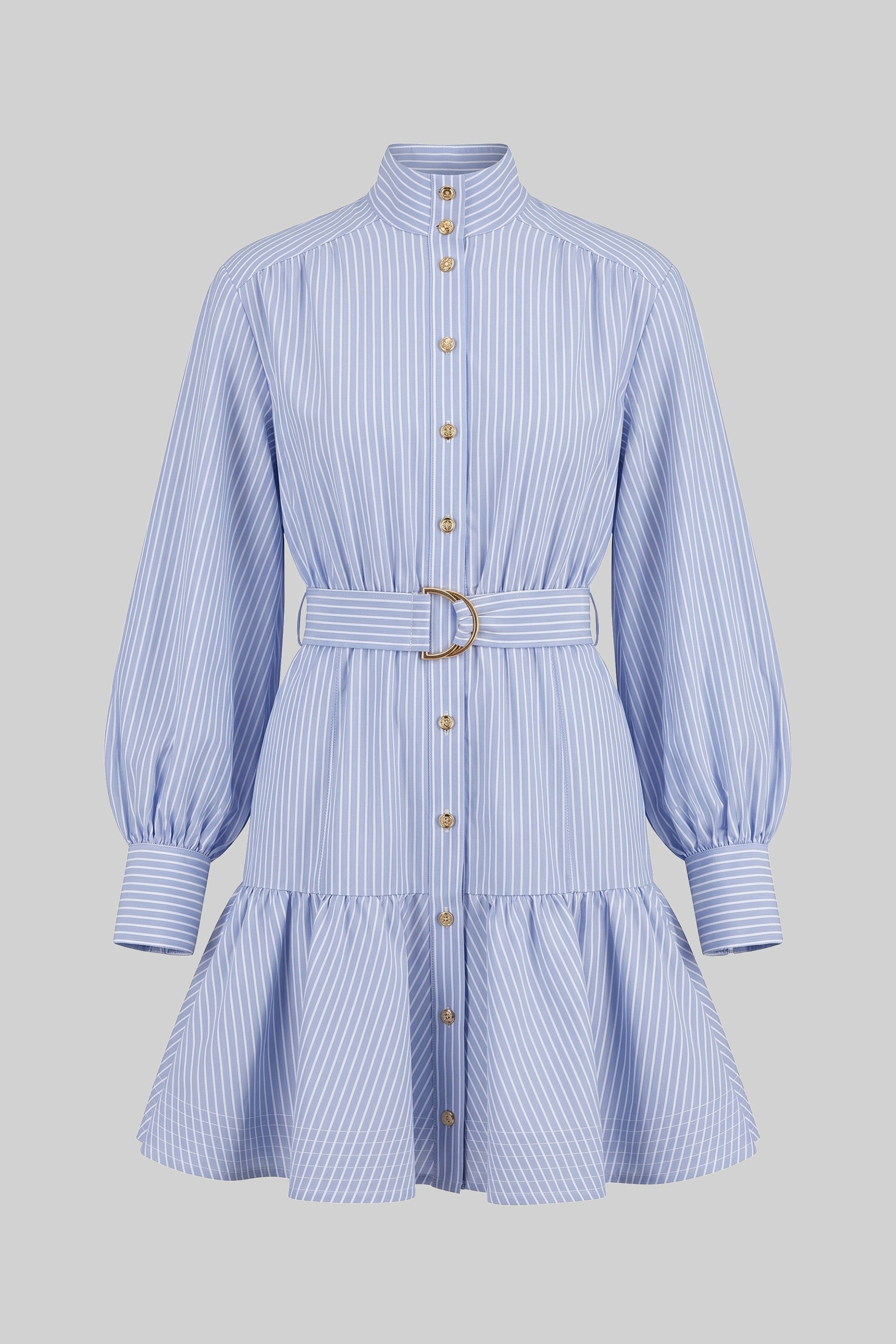 Striped Belted Mini Dress With High Neck And Balloon Sleeves - Blue