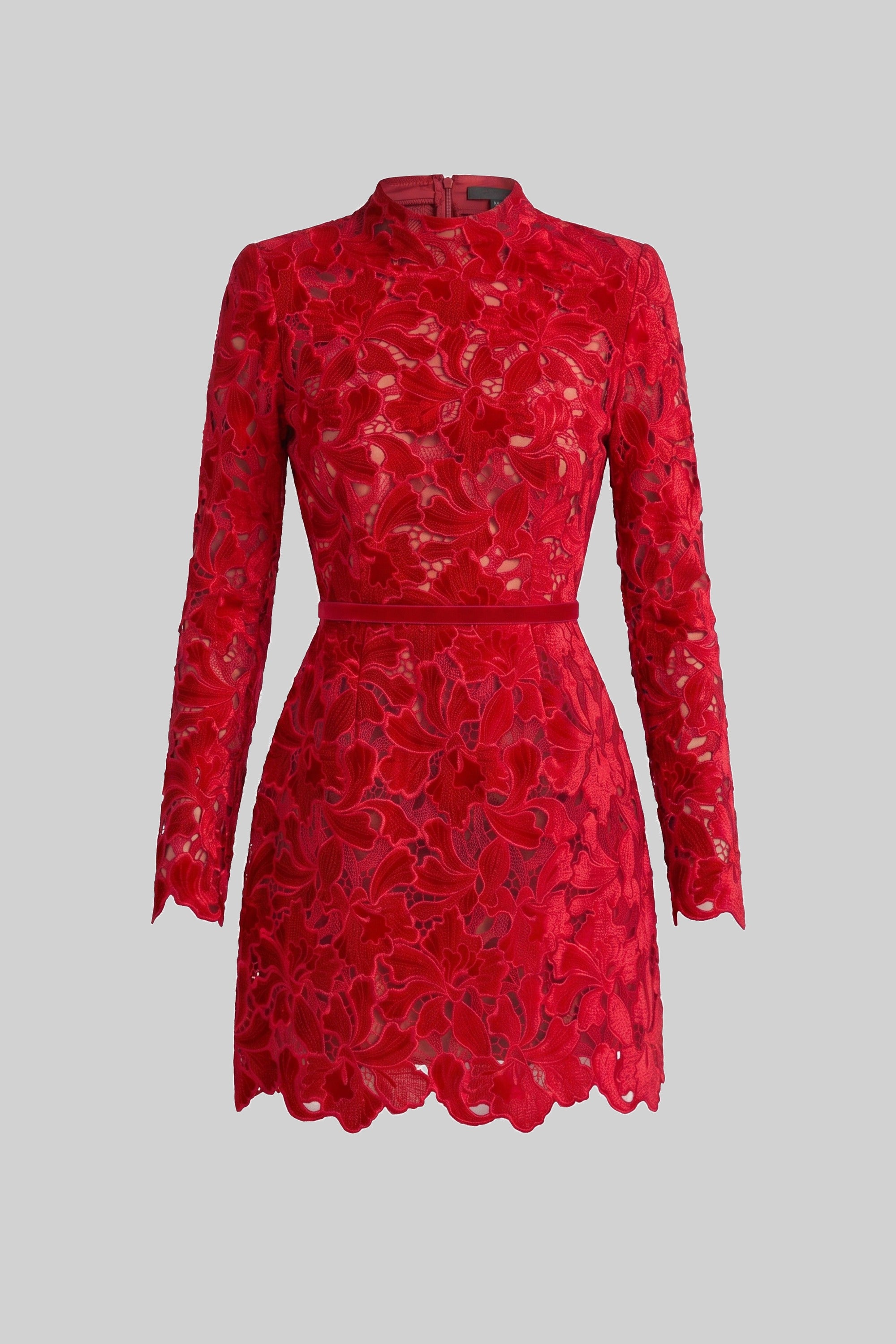 Long-Sleeve Lace Mini Dress With High Neck And Scalloped Hem - Red