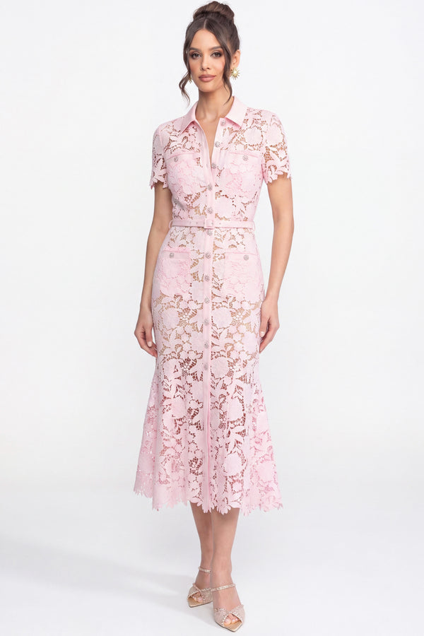 Lace Short Sleeve Midi Dress With Collared Neckline And Belted Waist - Pink