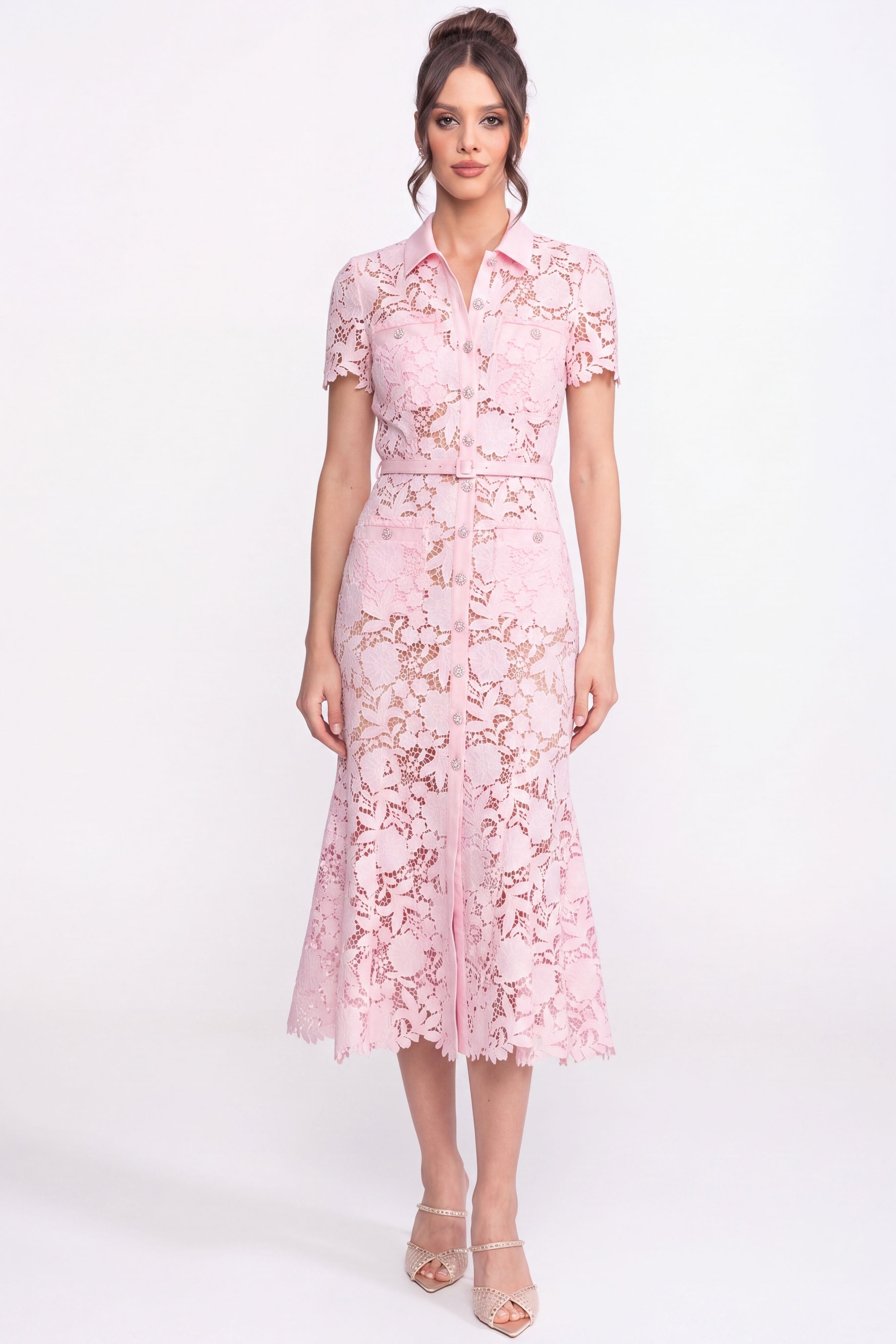 Lace Short Sleeve Midi Dress With Collared Neckline And Belted Waist - Pink