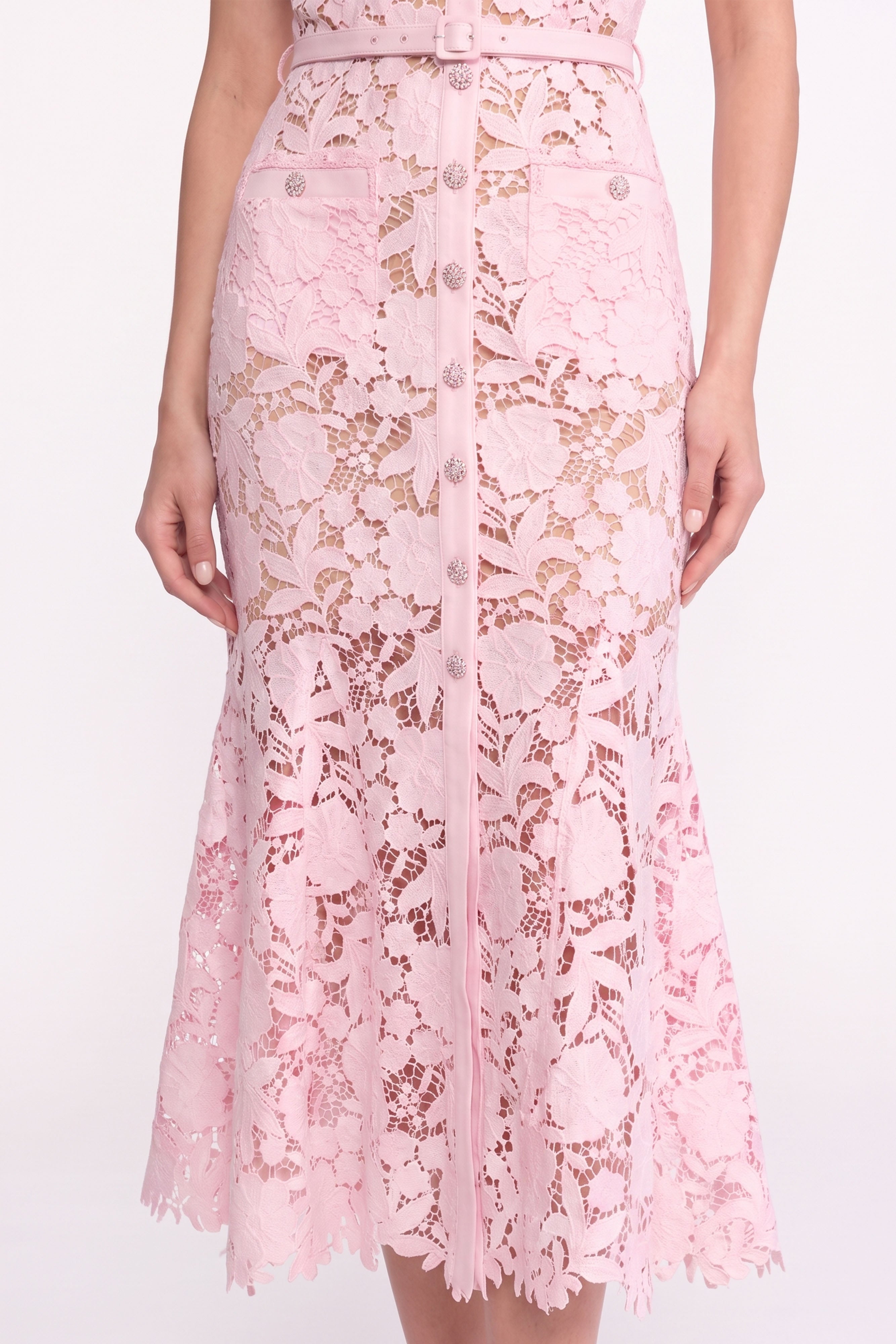 Lace Short Sleeve Midi Dress With Collared Neckline And Belted Waist - Pink