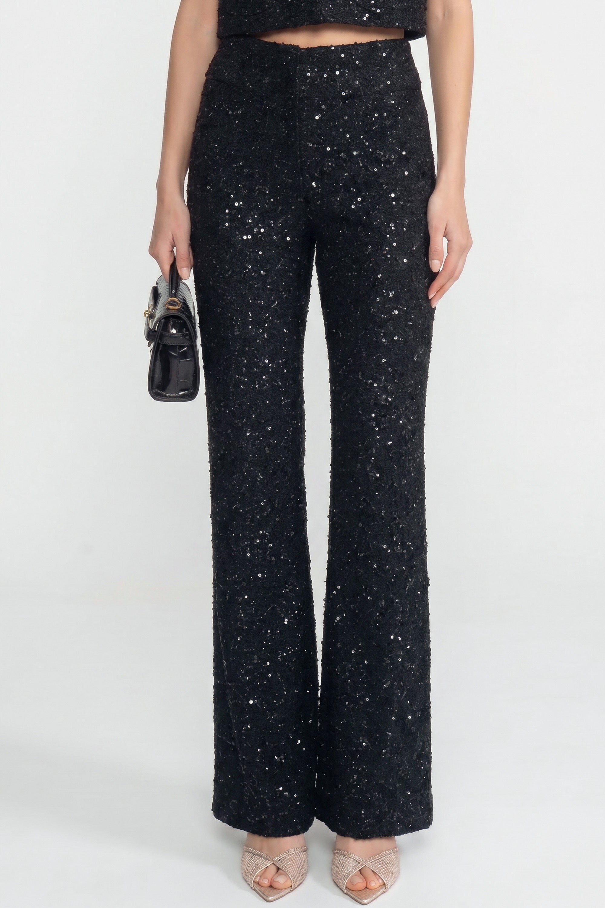 Wide-Leg Tweed Trousers With Sequin Detail - Black