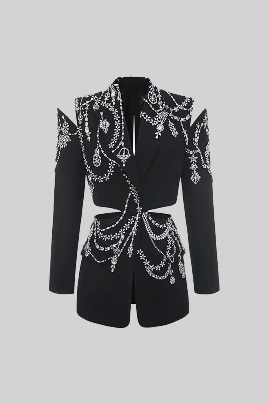 Embroidered Elegant Blazer with Waist Cutouts - Black