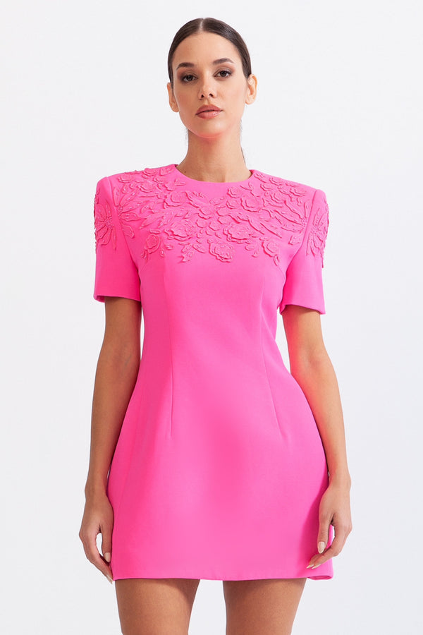 Short Sleeve Embroidered Dress with 3D Flowers - Fuchsia
