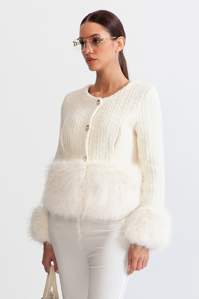 Faux Fur Coat with Wool Blend - White