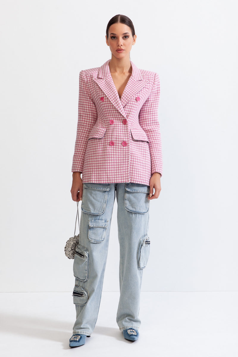 Houndstooth Jacket with Pointed Shoulders - Pink