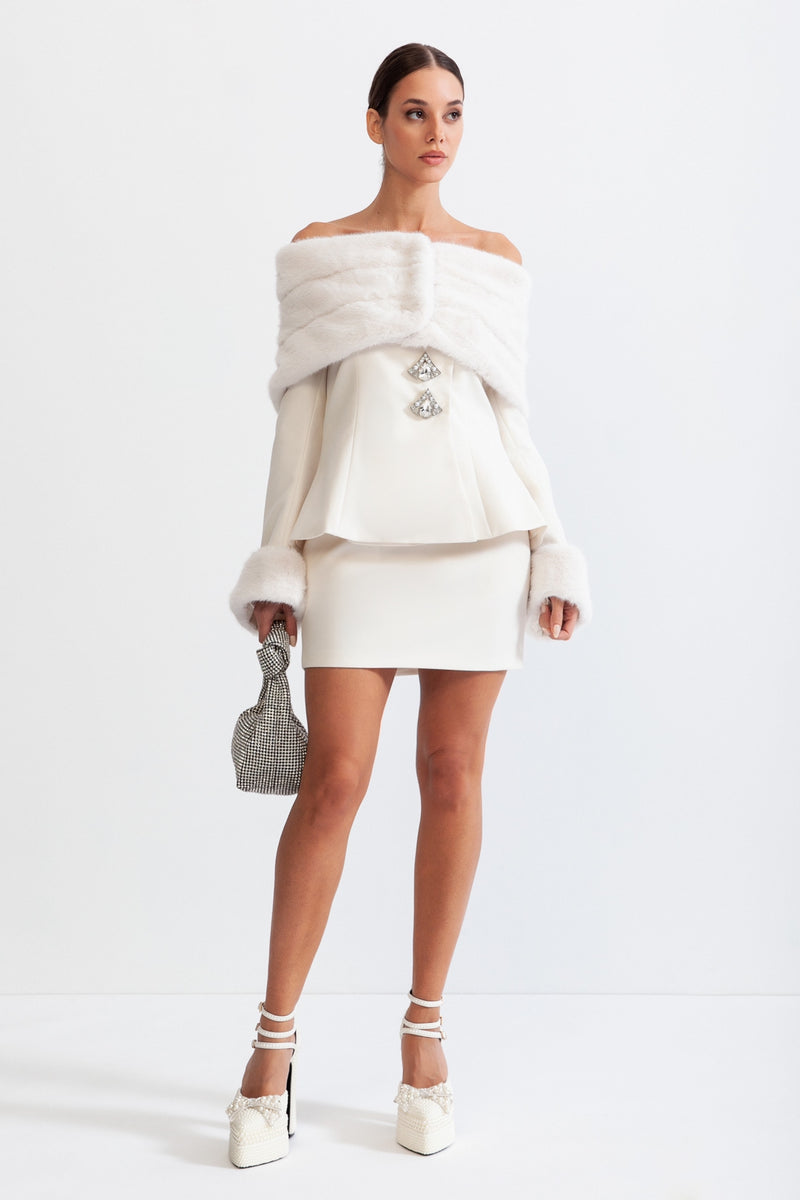 Off The Shoulder Co-Ord with Faux Fur - White