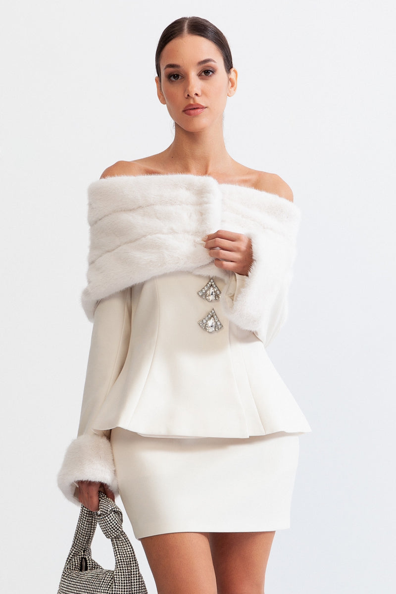 Off The Shoulder Co-Ord with Faux Fur - White