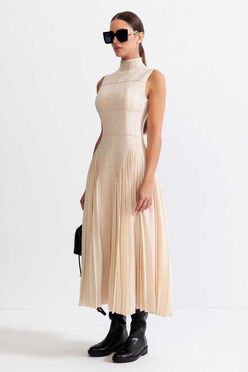 Sleeveless Knit Midi Dress with Plies - Nude