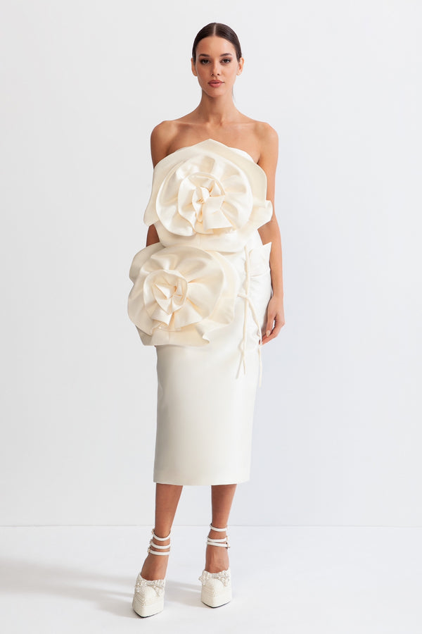 3D Voluminous Flower Design Midi Dress - Ivoire