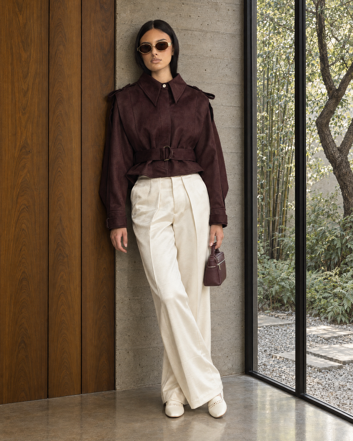 Suede Belted Cape Jacket - Burgundy