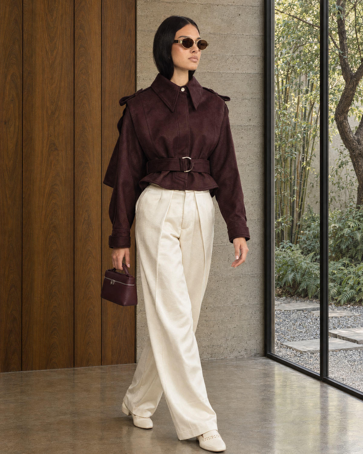 Suede Belted Cape Jacket - Burgundy