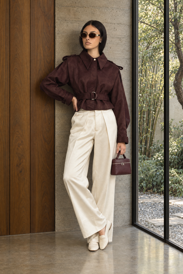 Suede Belted Cape Jacket - Burgundy