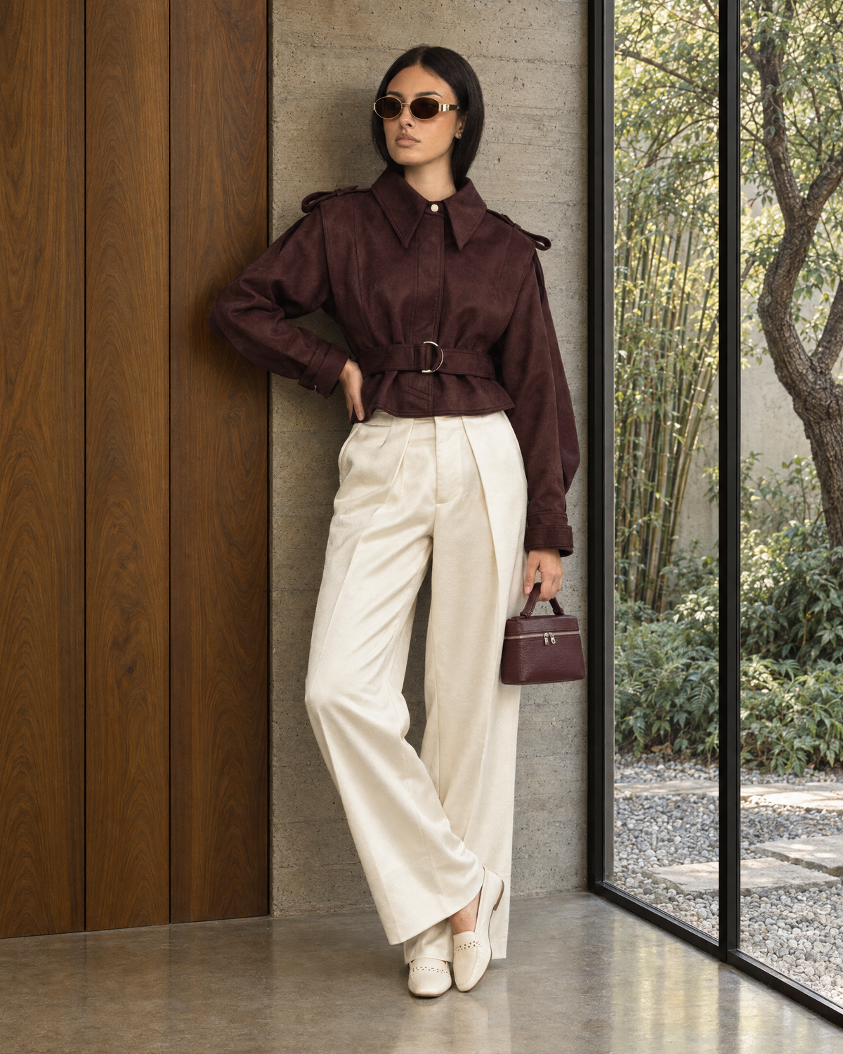 Suede Belted Cape Jacket - Burgundy