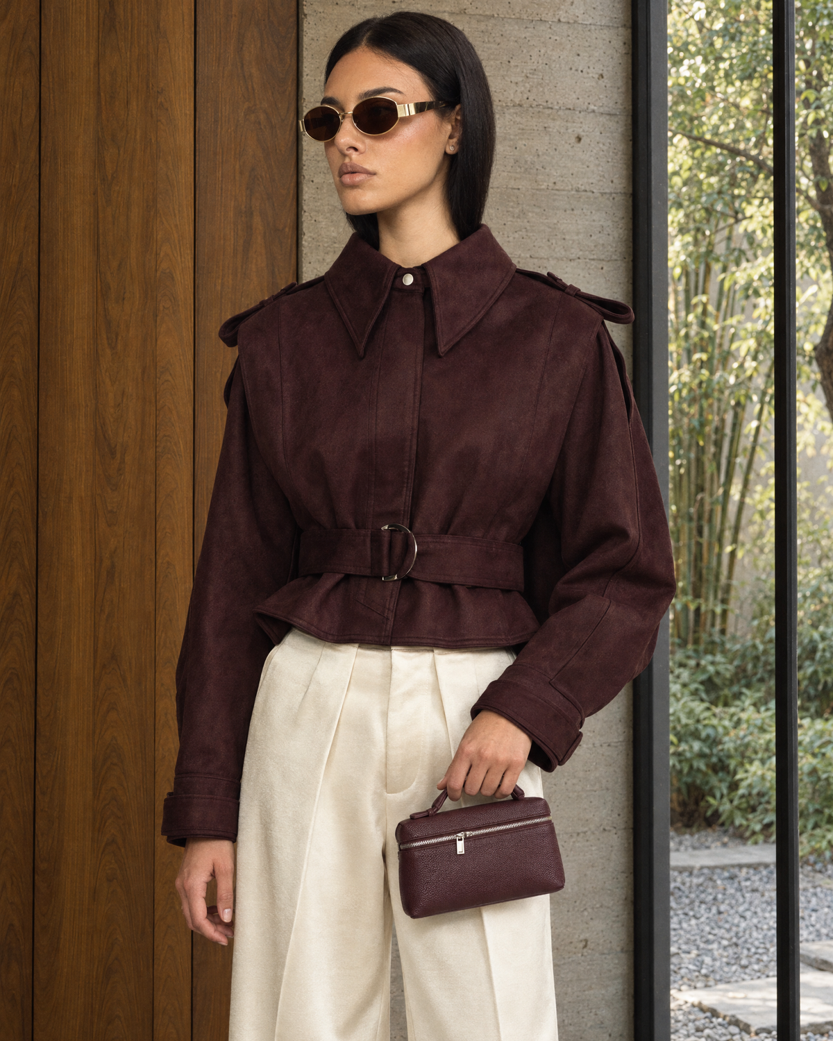 Suede Belted Cape Jacket - Burgundy