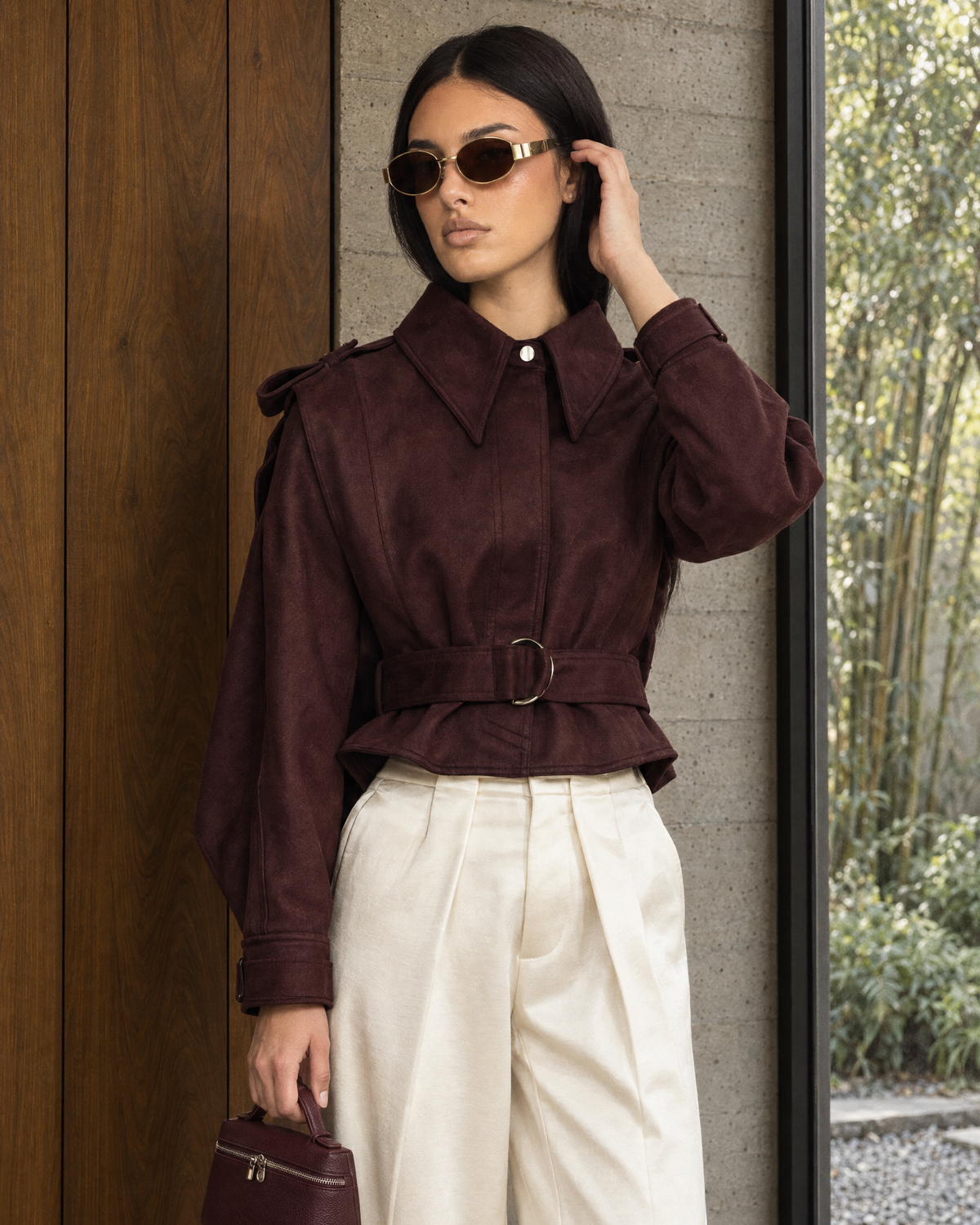 Suede Belted Cape Jacket - Burgundy