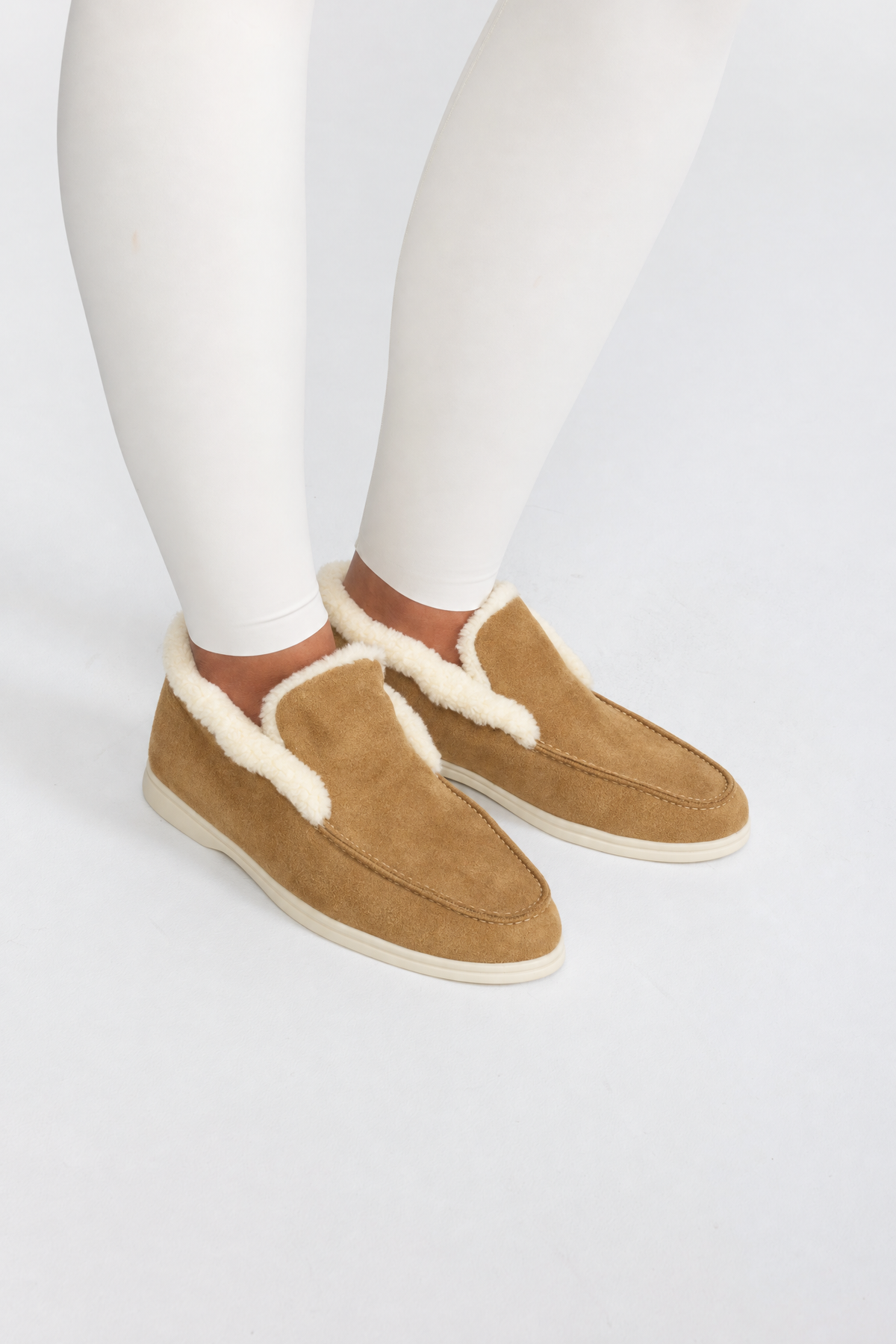 Plush Lined Suede-Effect Loafers - Camel